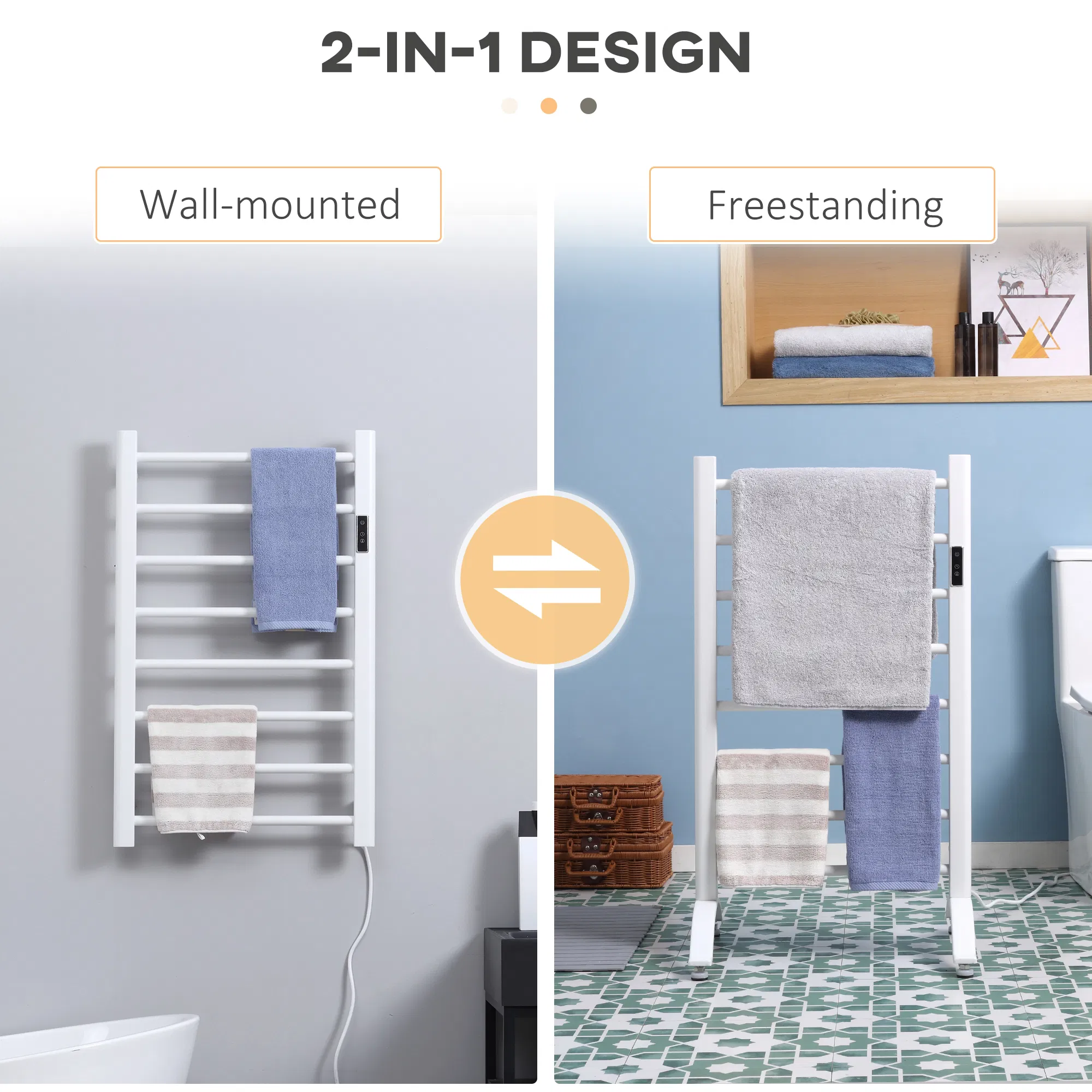 8-Bar Heated Towel Warmer Rack with Built-in Timer and LED Indicators, Wall Mounted & Free Standing Carbon Steel Electric Towel Bar with Adjustable Temperature, White photo 2