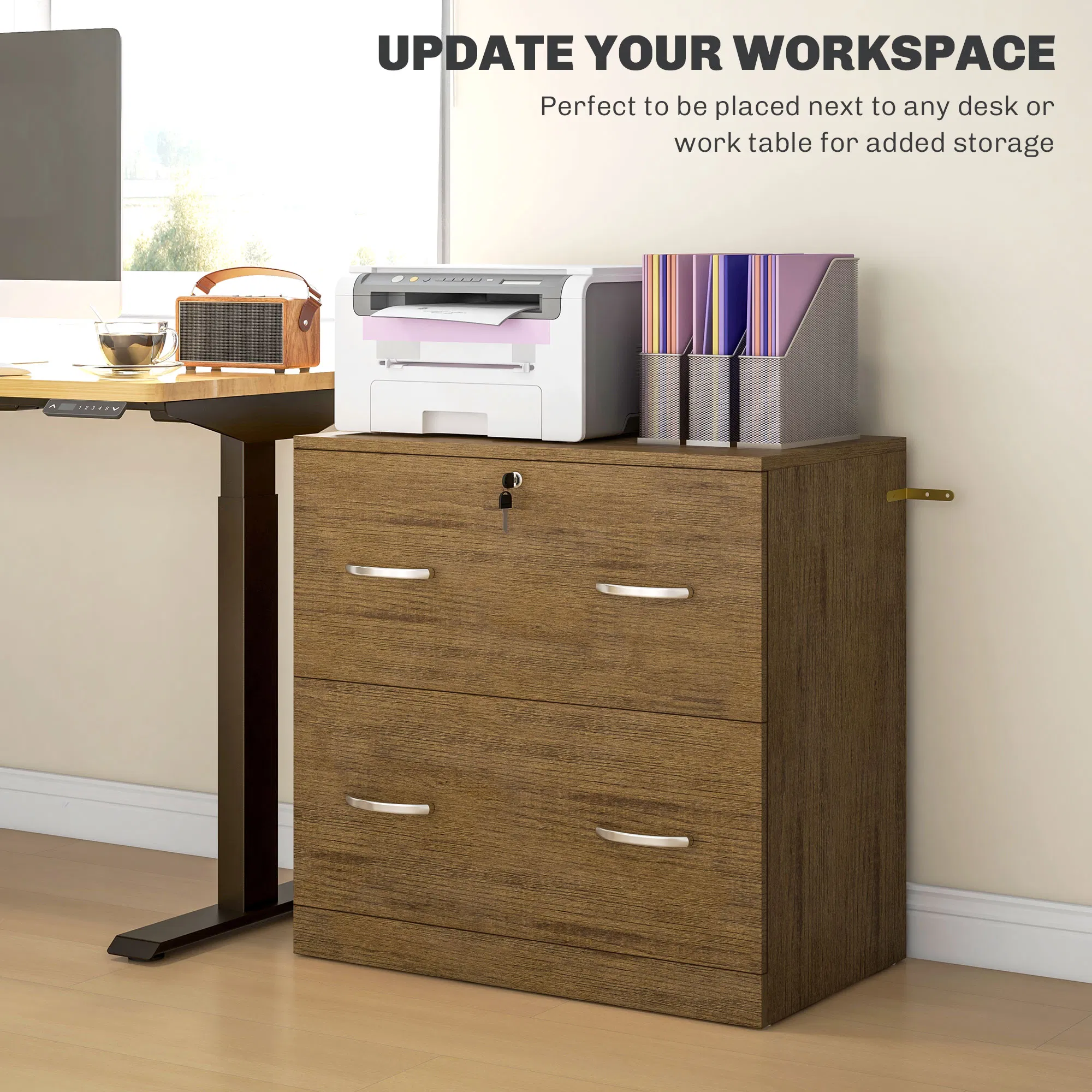 2 Drawer File Cabinet with Lock, Office Filing Cabinet, Hanging Bar for Letter Size, Home Office, Light Brown photo 6