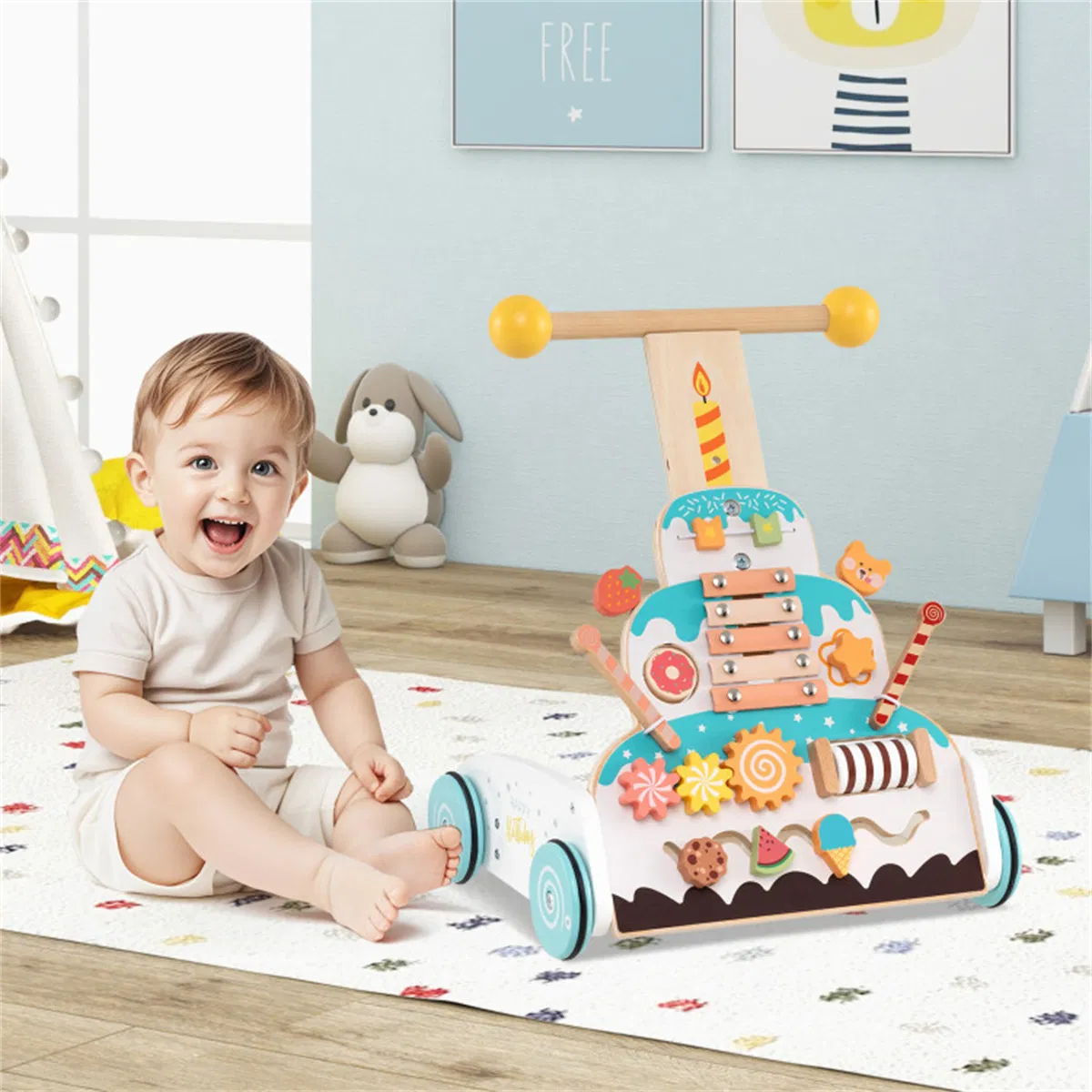 Wooden Baby Walker with 3-Position Adjustable Heights and Smooth Wheels photo 3