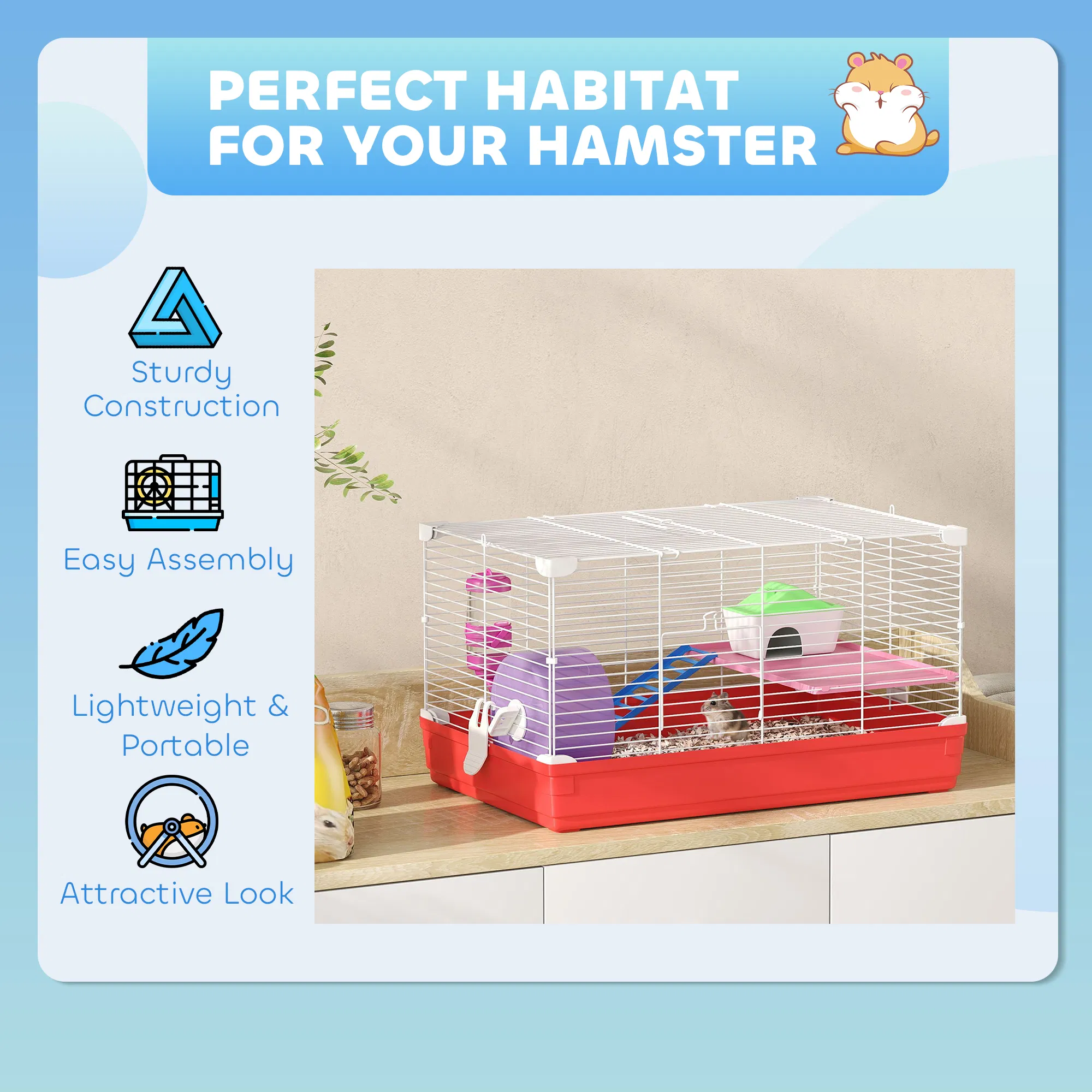 18.5'' Hamster Cage with Exercise Wheel and Water Bottle Dishes, Rat House and Habitats 2 Storey Design, Red photo 6