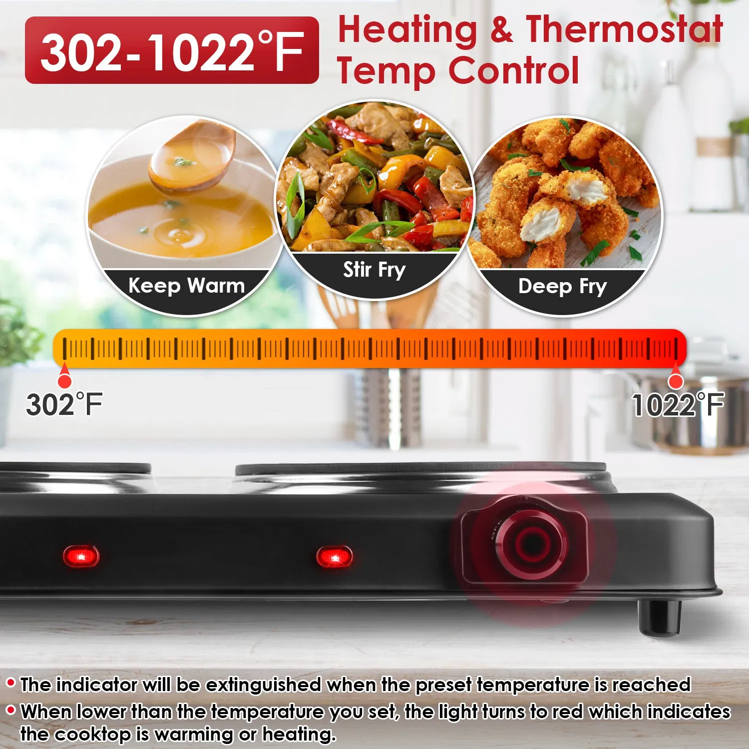 Infrared Dual Burner Hot Plate - 1000W & 800W  Glass Plates, Quick/Even Heating, 302-1022 Stepless Temp, Auto Shut-Off, Compatible with Flat-Bottom Cookware, Compact Portable for Dorms/RVs photo 6