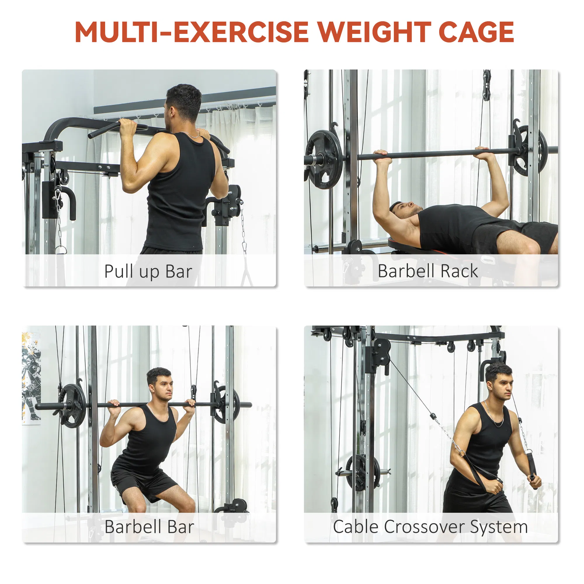 3 In 1 Smith Machine Power Rack with Cable Crossover System, Pull up Station, 16-Level Squat Rack and Barbell Bar photo 6