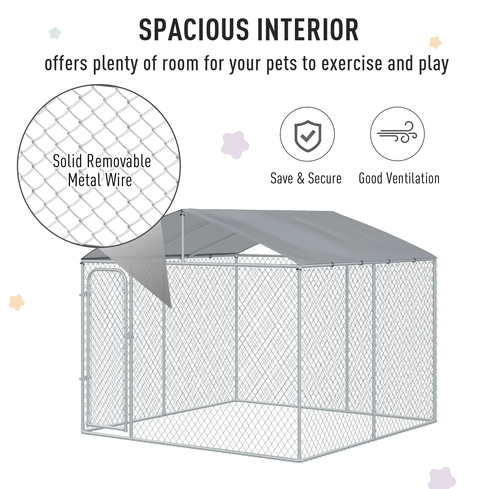 Dog Kennel Outdoor Run Fence with Roof, Steel Lock, Mesh Sidewalls for Backyard & Patio, 9.8' x 9.8' x 7.7' photo 6