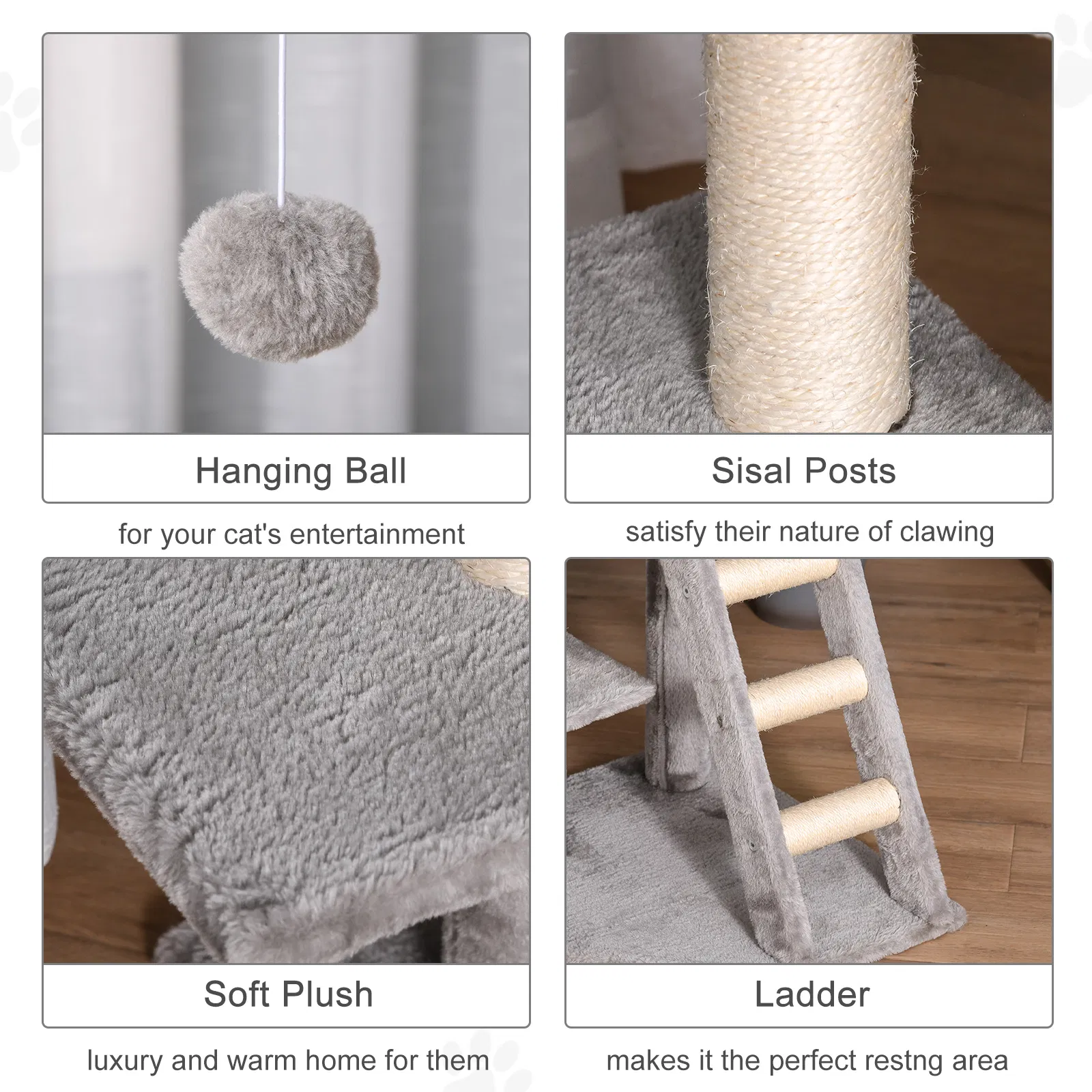 47" Tall Cat Tree Tower with Condo, Ladder, Scratching Posts and Hanging Ball, Light Grey photo 3