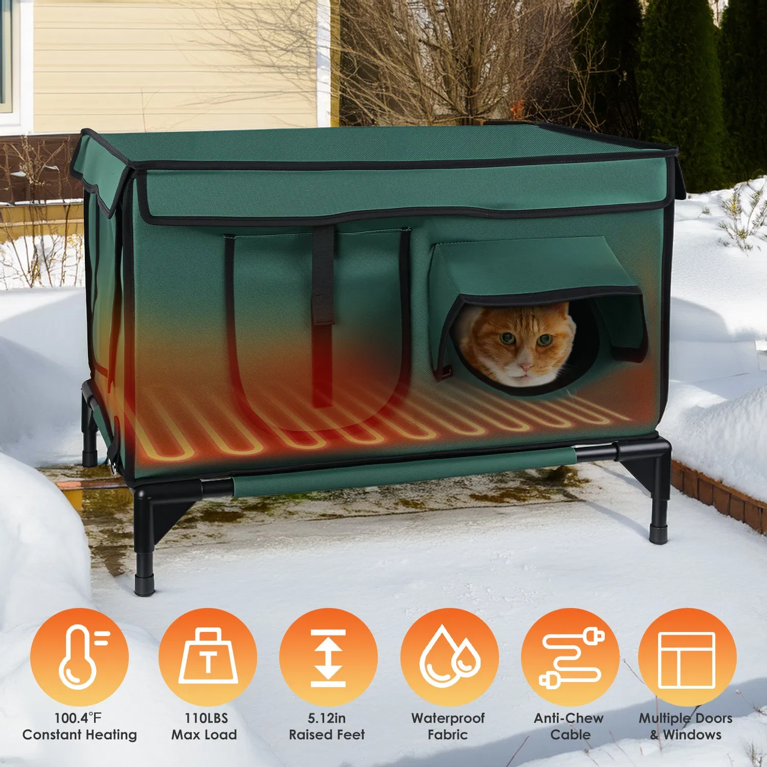 Waterproof Heated Cat House Outdoor Weatherproof Insulated Kitty Shelter Feral Cat Heating Bed with Heating Pad Anti-Chew Cord 2 Doors 3 Windows for Indoors Outdoors Winter Summer photo 7