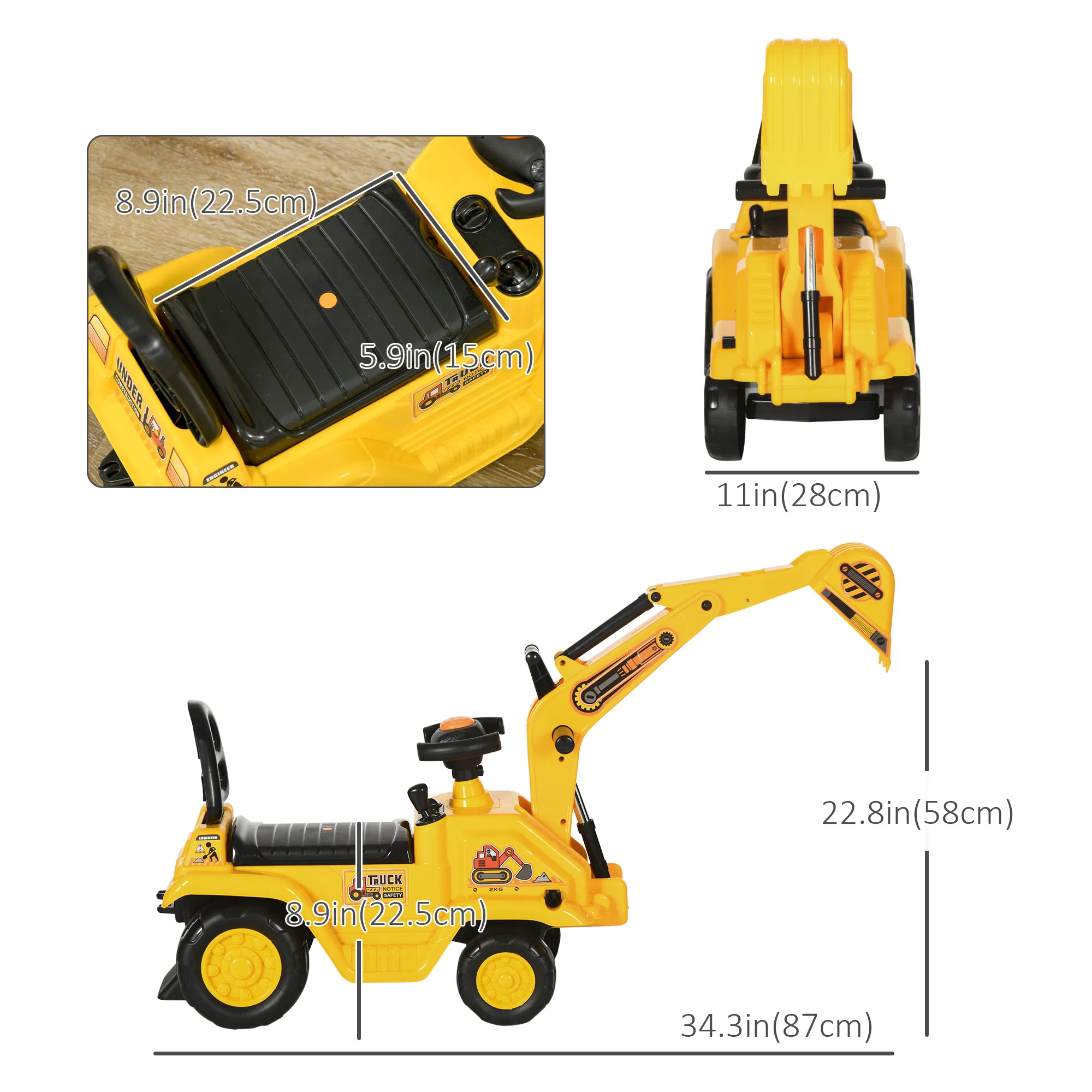 NO POWER 3 in 1 Ride On Toy Excavator Digger Scooter Pulling Cart Pretend Play Construction Truck photo 5