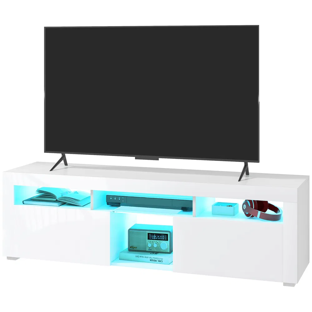 Modern TV Stand with Storage and LED Lights for TVs up to 55", TV Cabinet with Open Compartments, High Gloss White photo 7