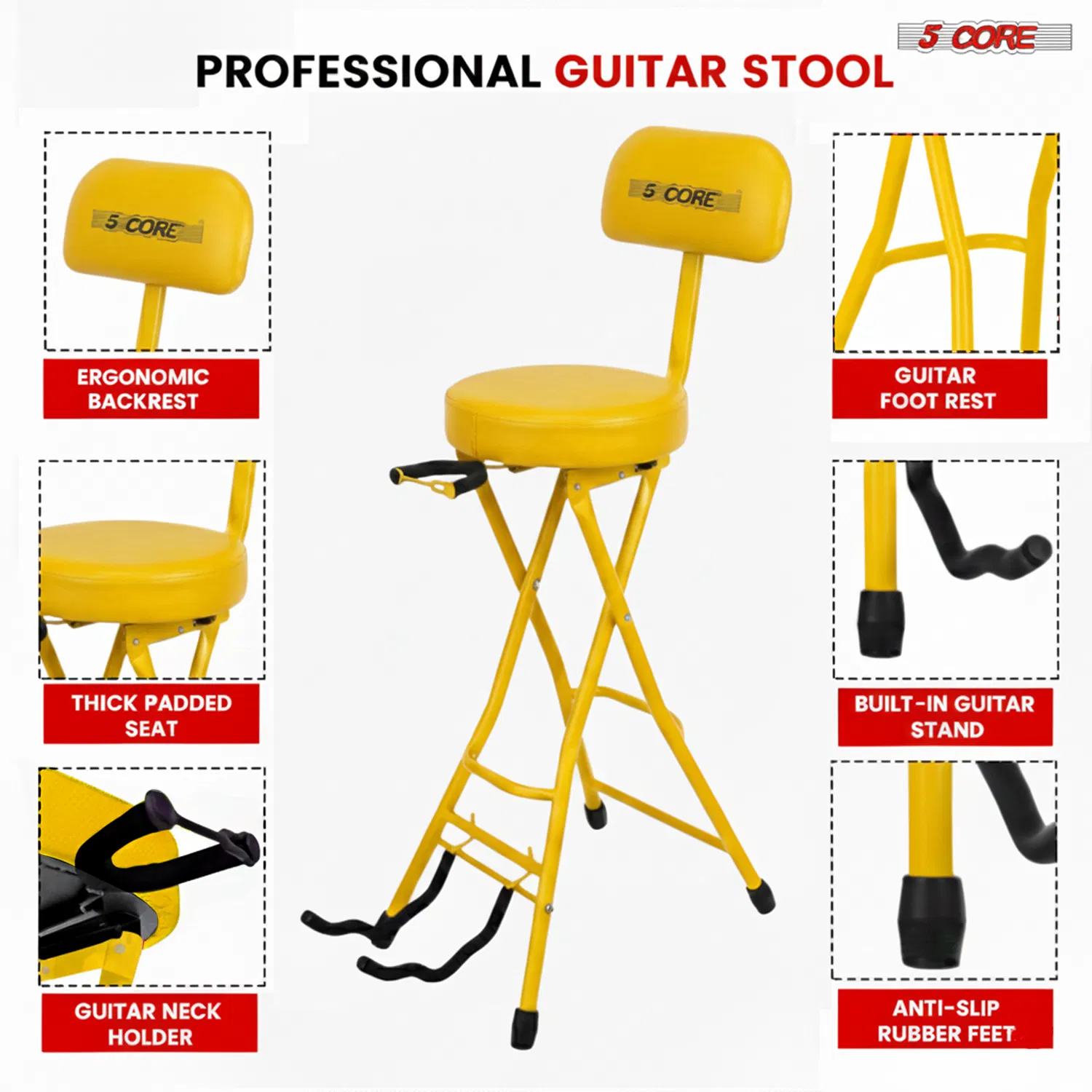 5Core Guitar Stool 3.15" Padded Chair w Backrest Foldable Music Seat Built in Foot Rest Guitar Stand photo 2