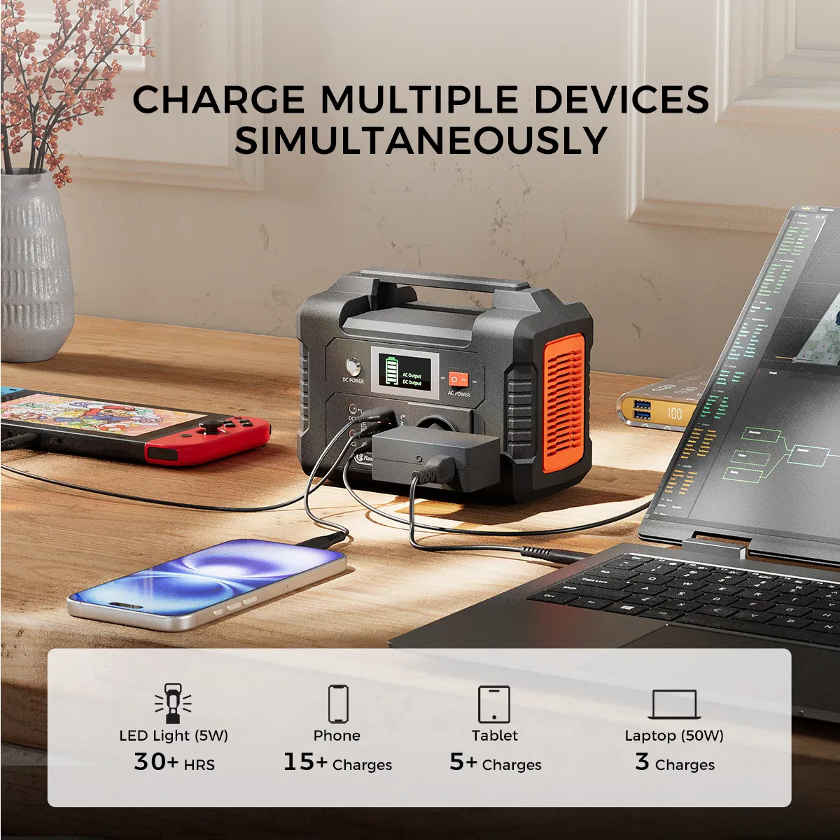 200W Portable Power Station, FlashFish 40800mAh Solar Generator with 230V AC Outlet/2 DC Ports/3 USB Ports, Backup Battery Pack Power Supply for CPAP Outdoor Advanture Load Trip Camping Emergency photo 4