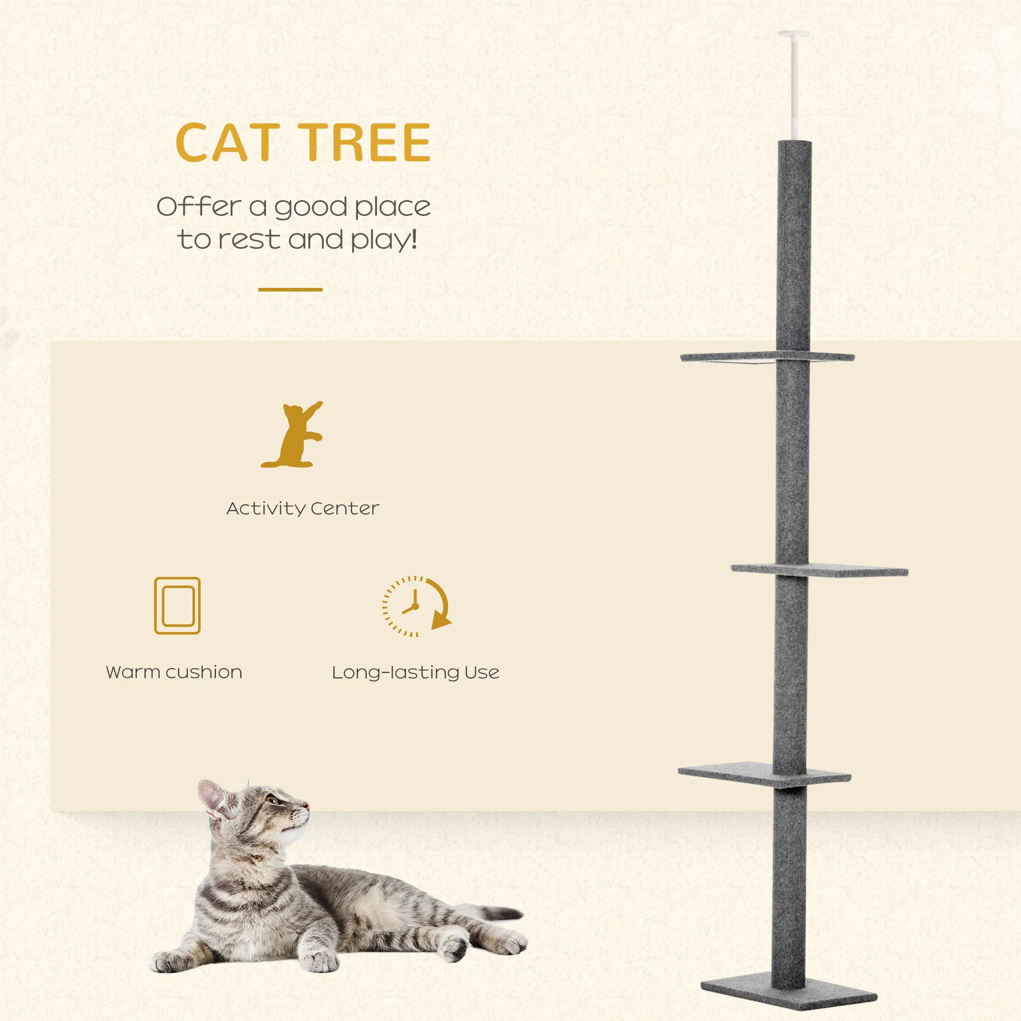 100" Floor To Ceiling Cat Tree w/ 3 Perches Activity Center for Kittens Cat Tower Furniture, Grey photo 2