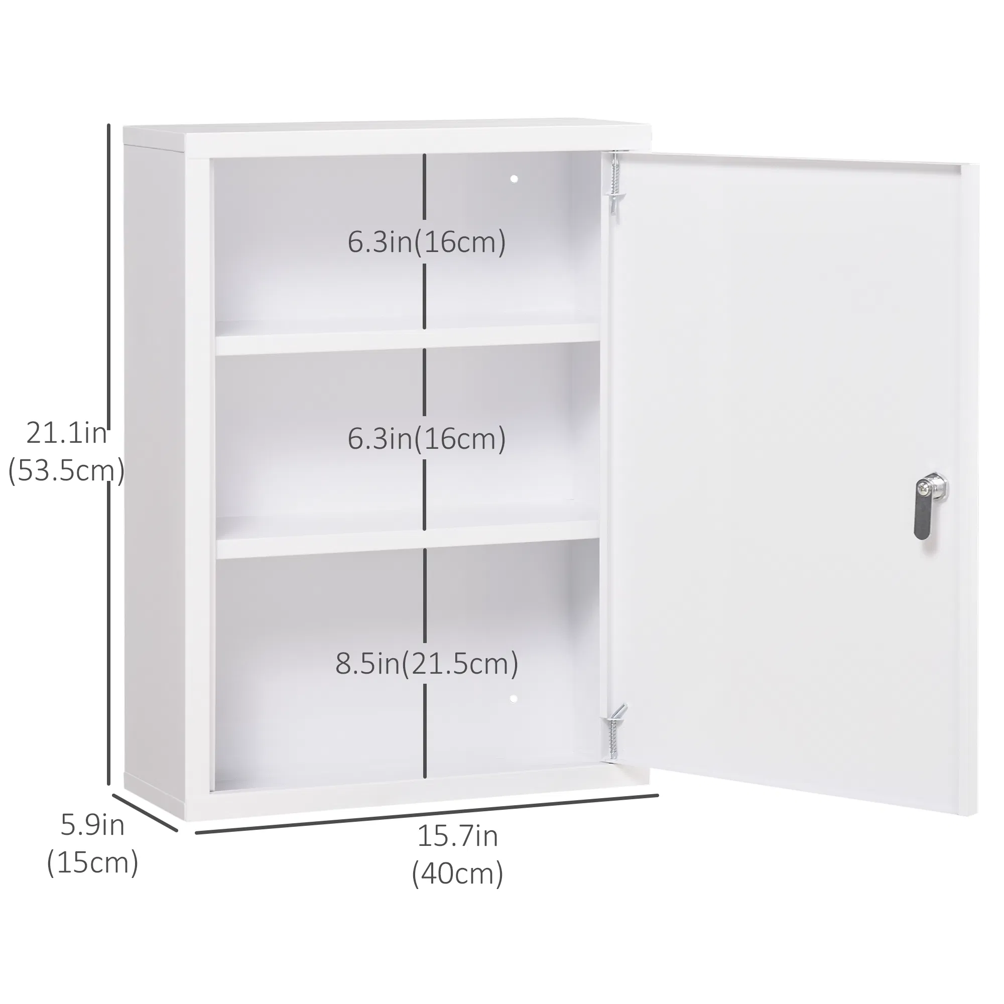 Lockable Medicine Cabinet, 3 Tier Steel Medical Wall Box with 2 Keys and Shelves for Bathroom, White photo 2