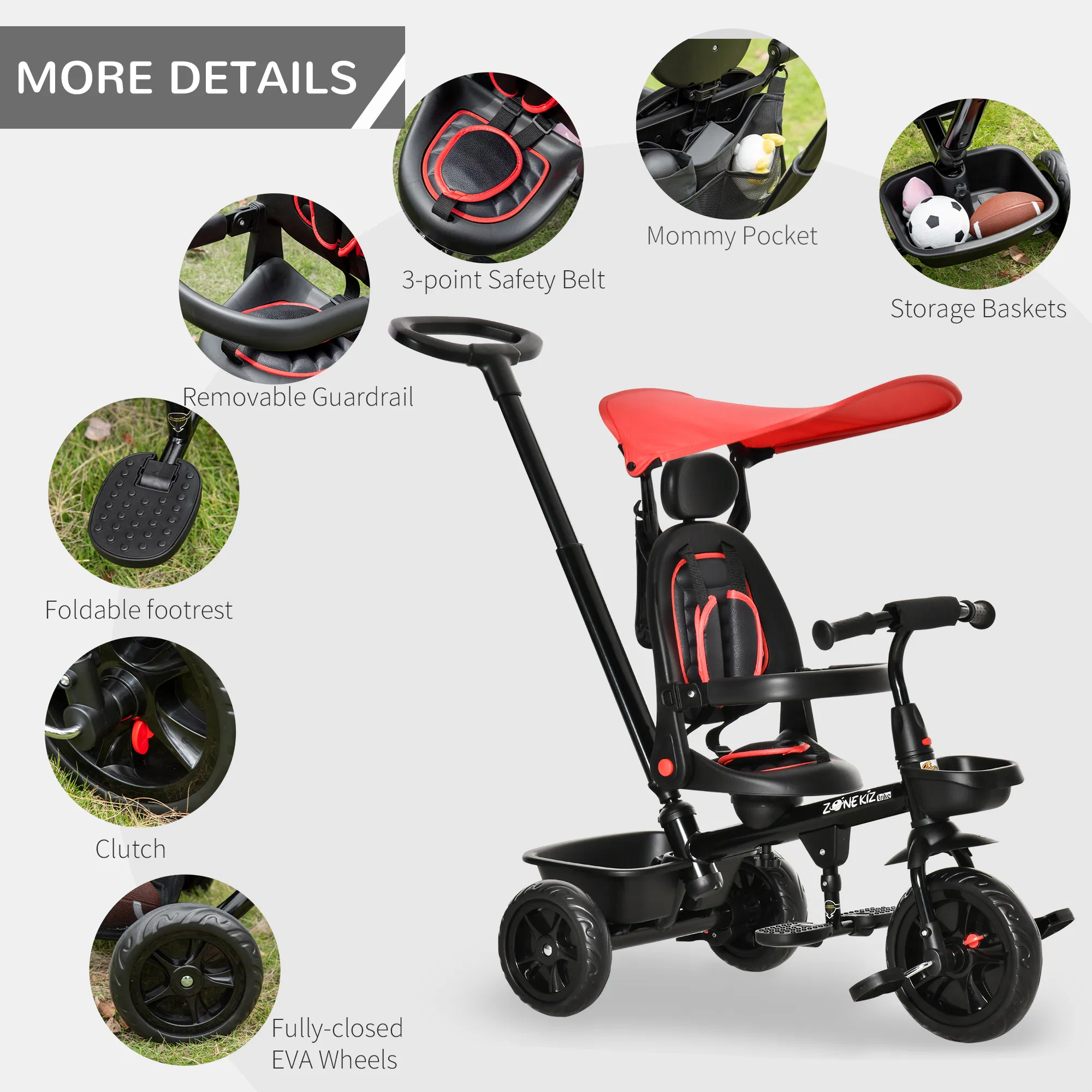 Kids Tricycle 4 In 1 Trike with Reversible Angle Adjustable Seat Removable Handle Canopy Handrail Belt Storage Footrest Brake Clutch for 1-5 Years Old Red photo 6