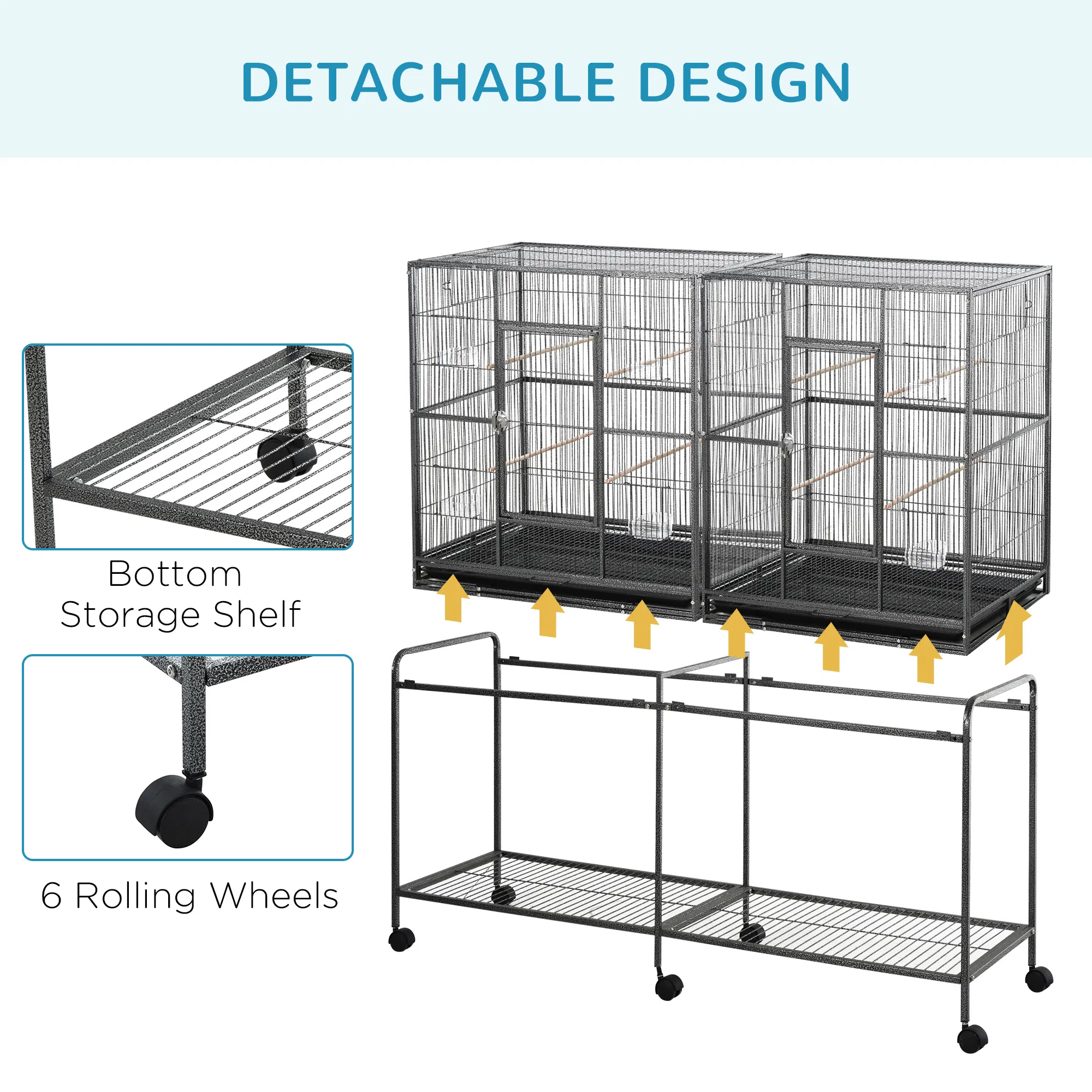 64" Extra Large Bird Cage, Rolling Metal Parrot Cage, Bird House with Detachable Rolling Stand, Storage Shelf, Wood Perch, Food Container, 62.8" x 18.9" x 64.2" photo 6