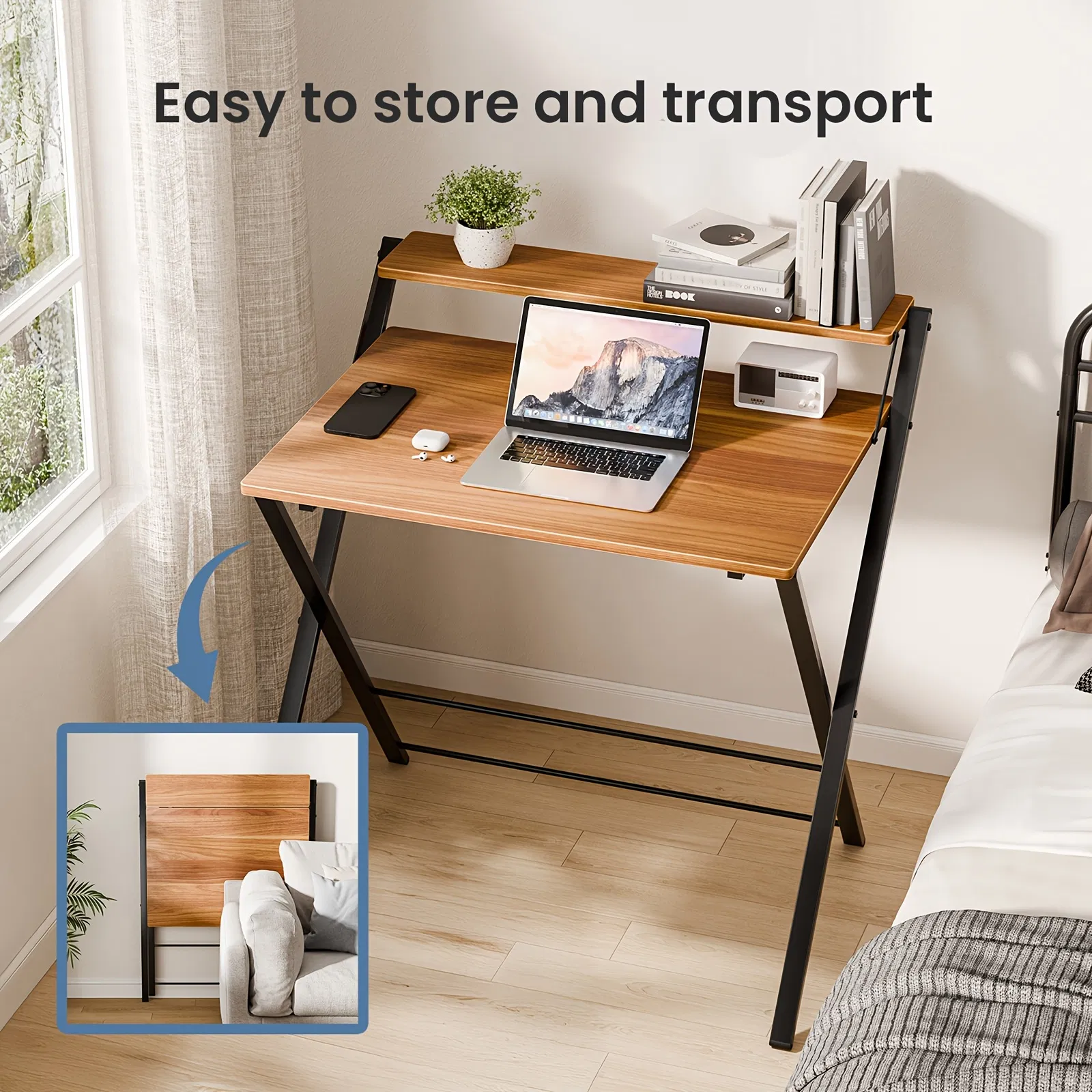 Small Folding Desk with Shelf, No-Assembly Foldable Computer Table for Tight Spaces, Portable Writing Desk for Office Dorm Apartment, Space Saving And Sturdy Metal Frame photo 5