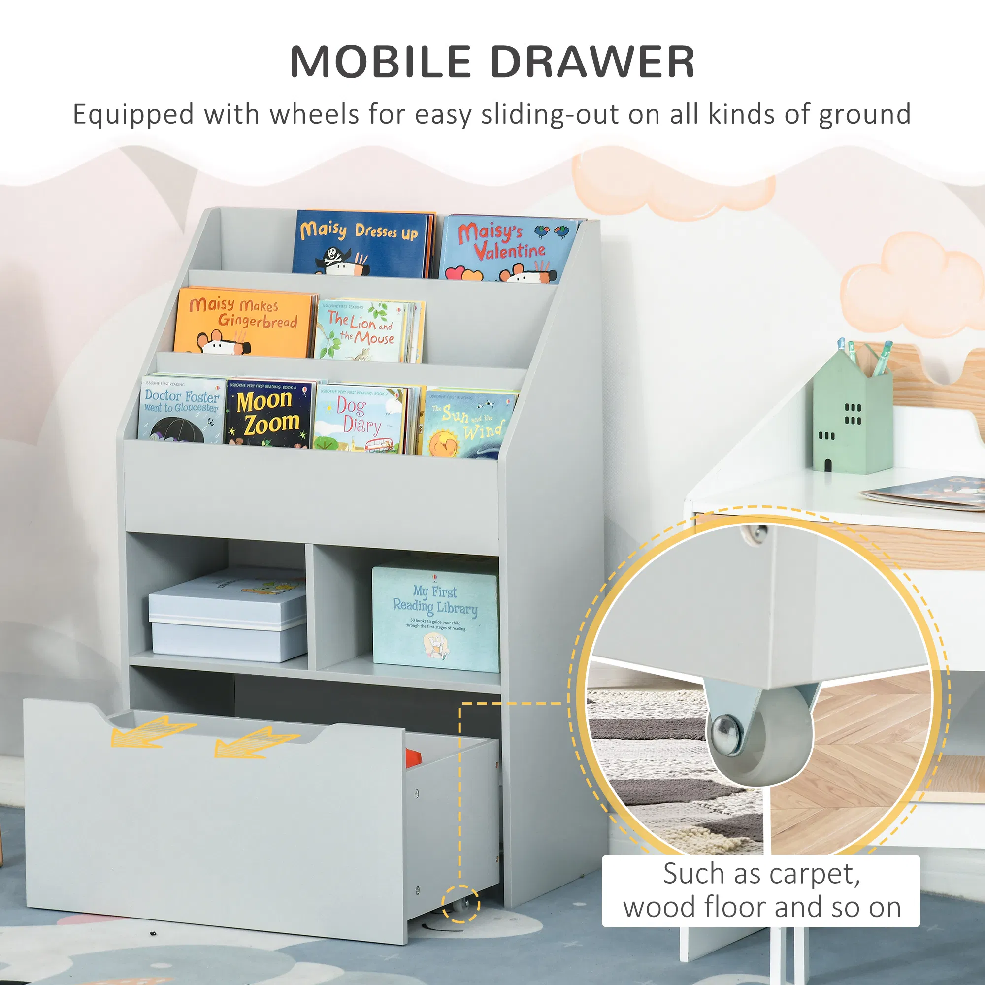 Kids Bookcase Multi-Shelf Rack Organizer with Storage Drawer for Books for Reading Nook, Classroom, Bedroom, Playroom, Grey photo 3