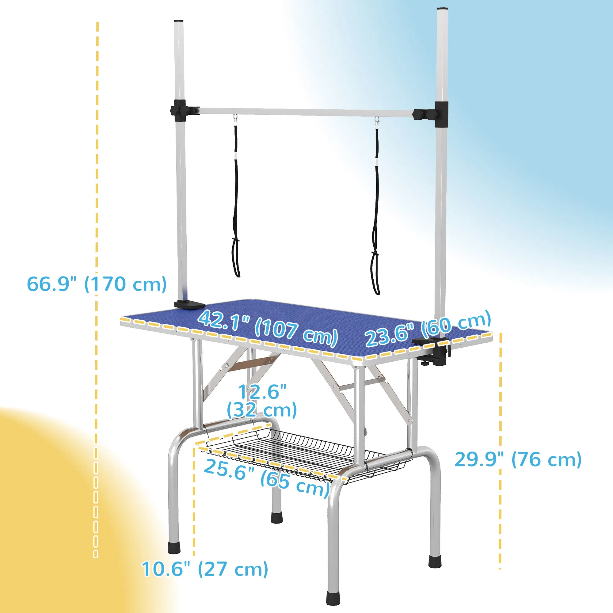 Adjustable Dog Grooming Table with 2 Safety Slings, Storage Basket, Blue photo 5