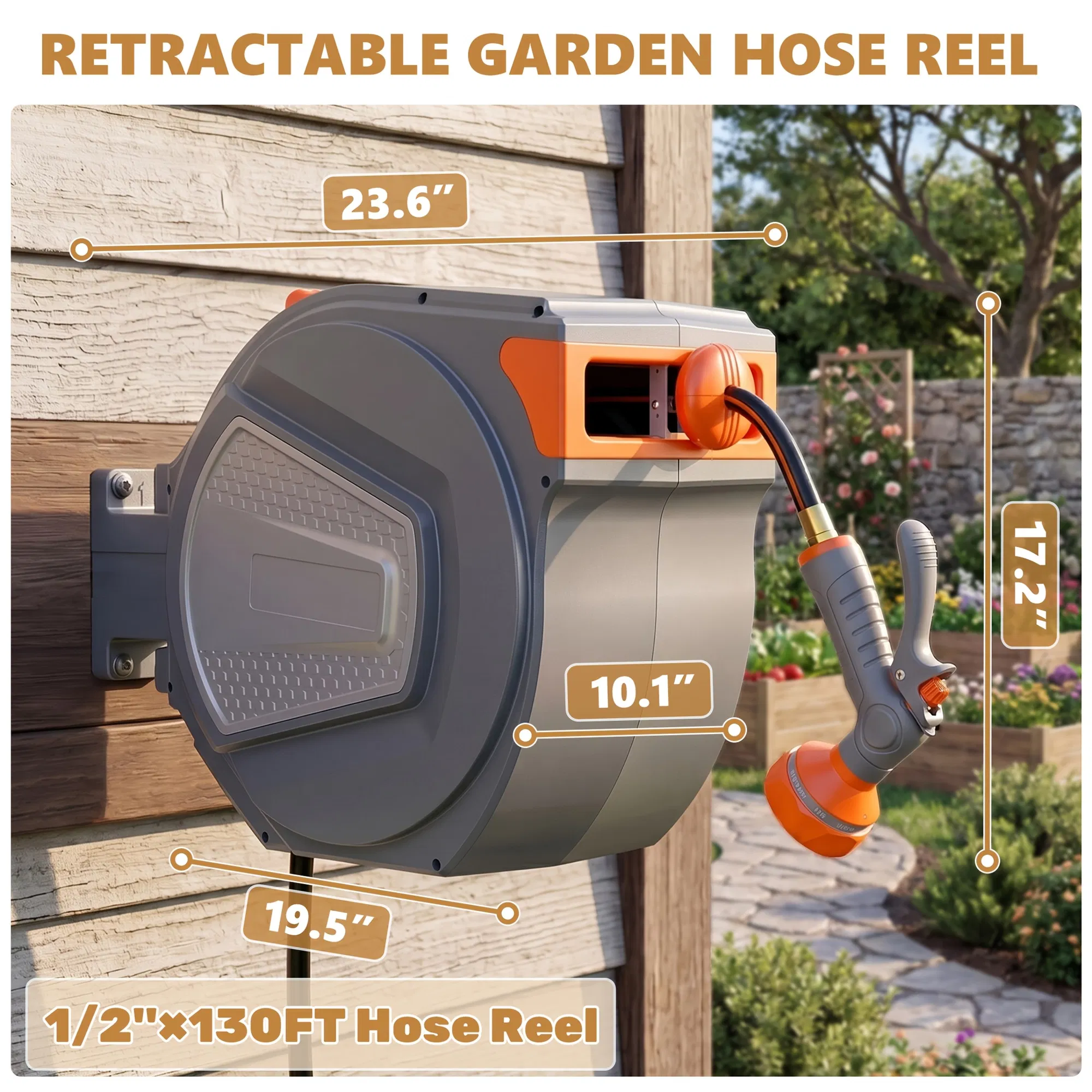 Auto Rewind Retractable Hose Reel, Wall Mounted with 180° Swivel, Multi-Function Spray Nozzle for Outdoor Watering photo 1