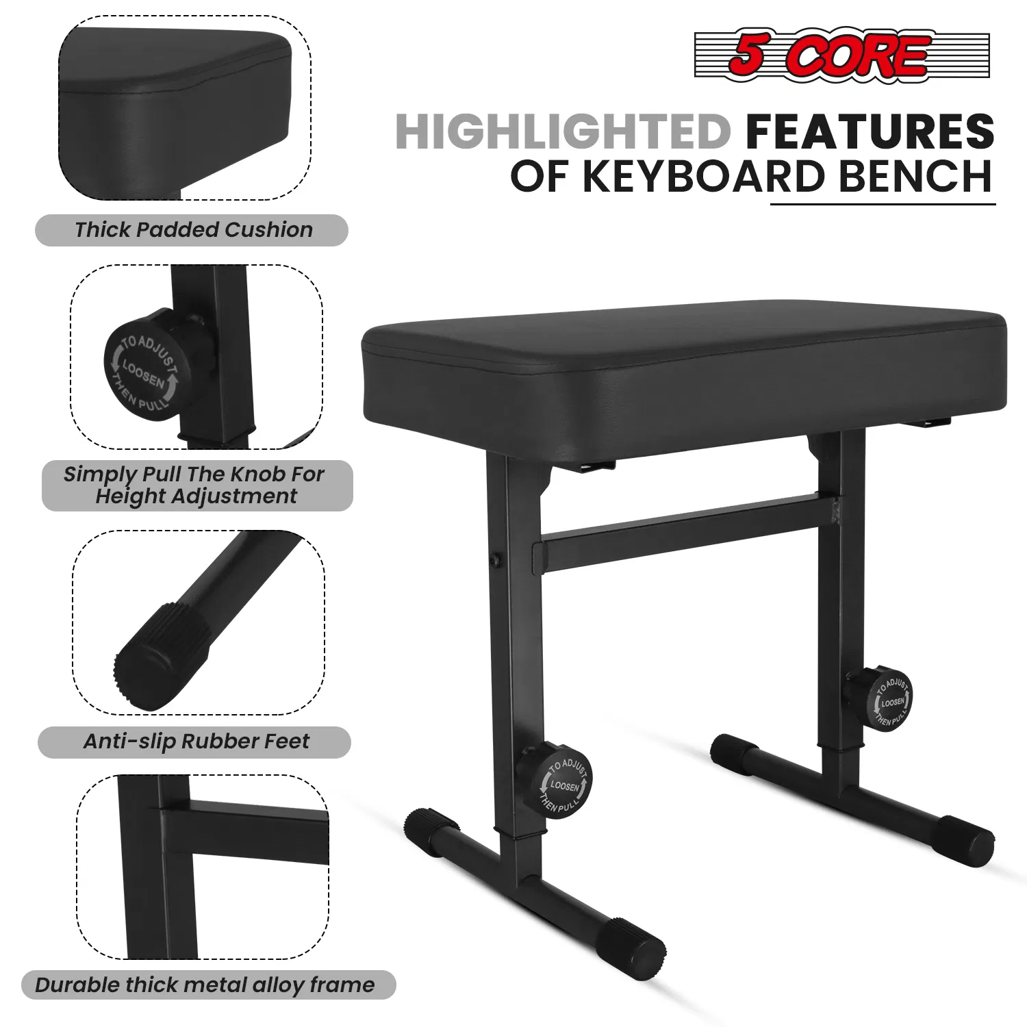 5 CORE Keyboard Bench Piano Stool T Style Black Thick Padded Cushion Seat | Height Adjustable 17 to 22 inch | Keyboard Chair (PU Leather) KBB H-ADJ BLK photo 7