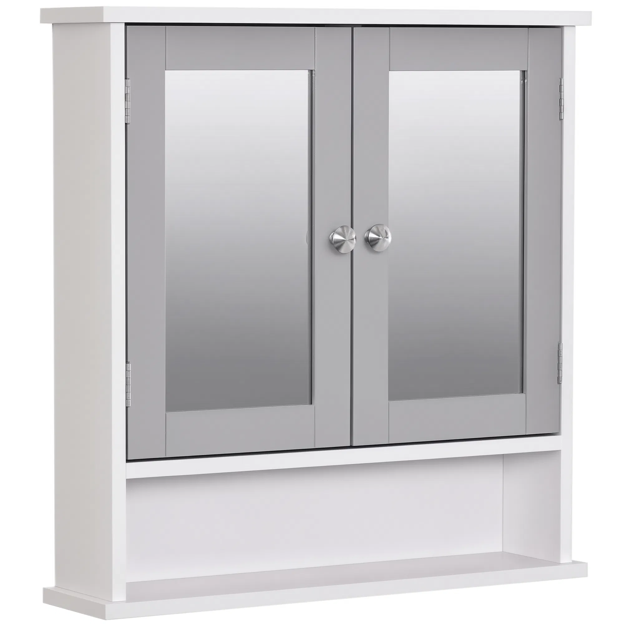 Medicine Cabinet, Wall-Mounted Bathroom Mirror Cabinet with Double Doors, Open Shelf, and Adjustable Shelf, Modern Bathroom Wall Cabinet, White and Grey photo 1