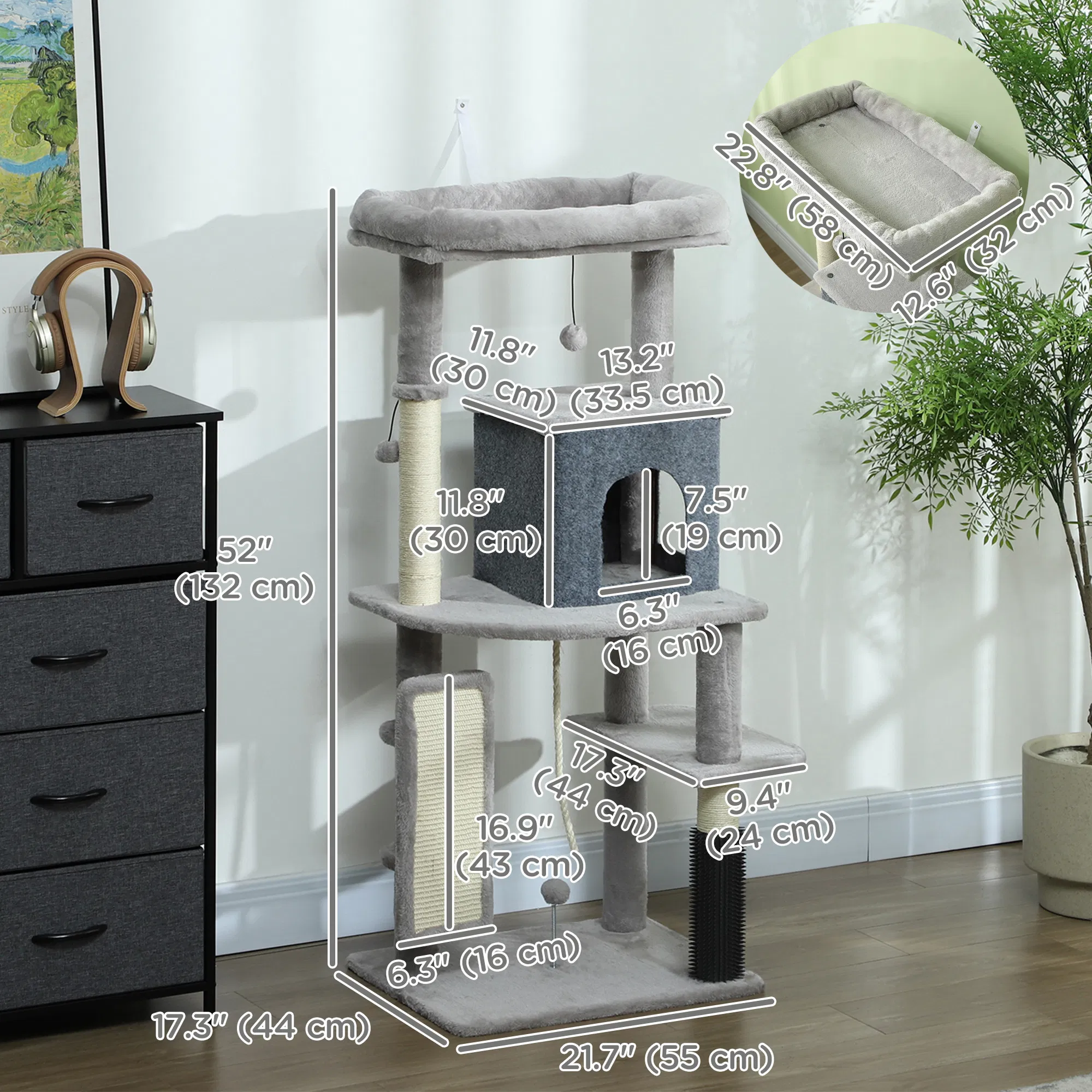 52 Inch Cat Tree with Scratching Posts, Cat Bed, Condo, Grooming Brush, Jumping Platforms, Toy Balls, Anti-tip Kit photo 3