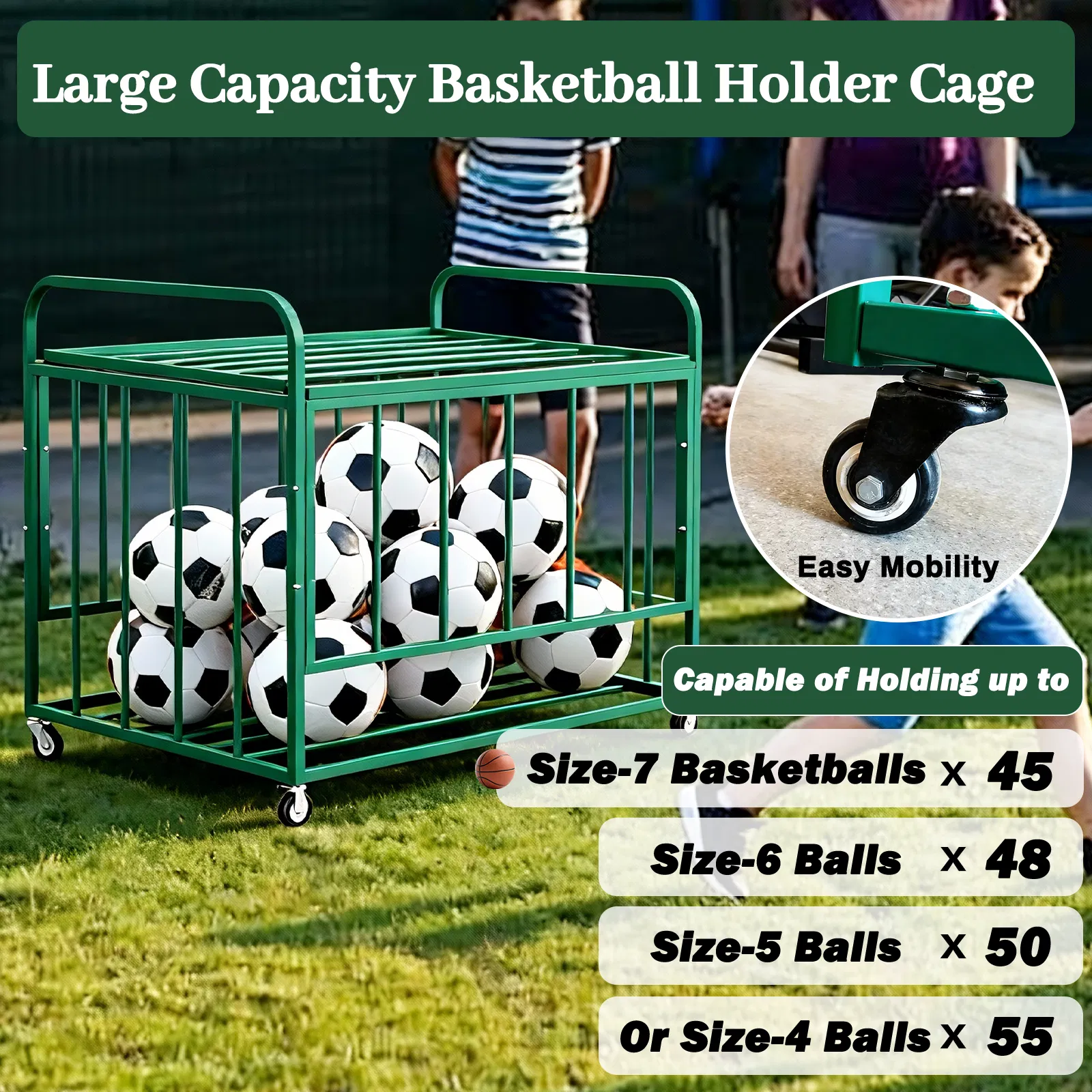Ball Storage Cart, Basketball or Volleyball Storage Bin with Wheels, Basketball Holder Cage for Indoor and Outdoor, Gym, School, Club photo 5