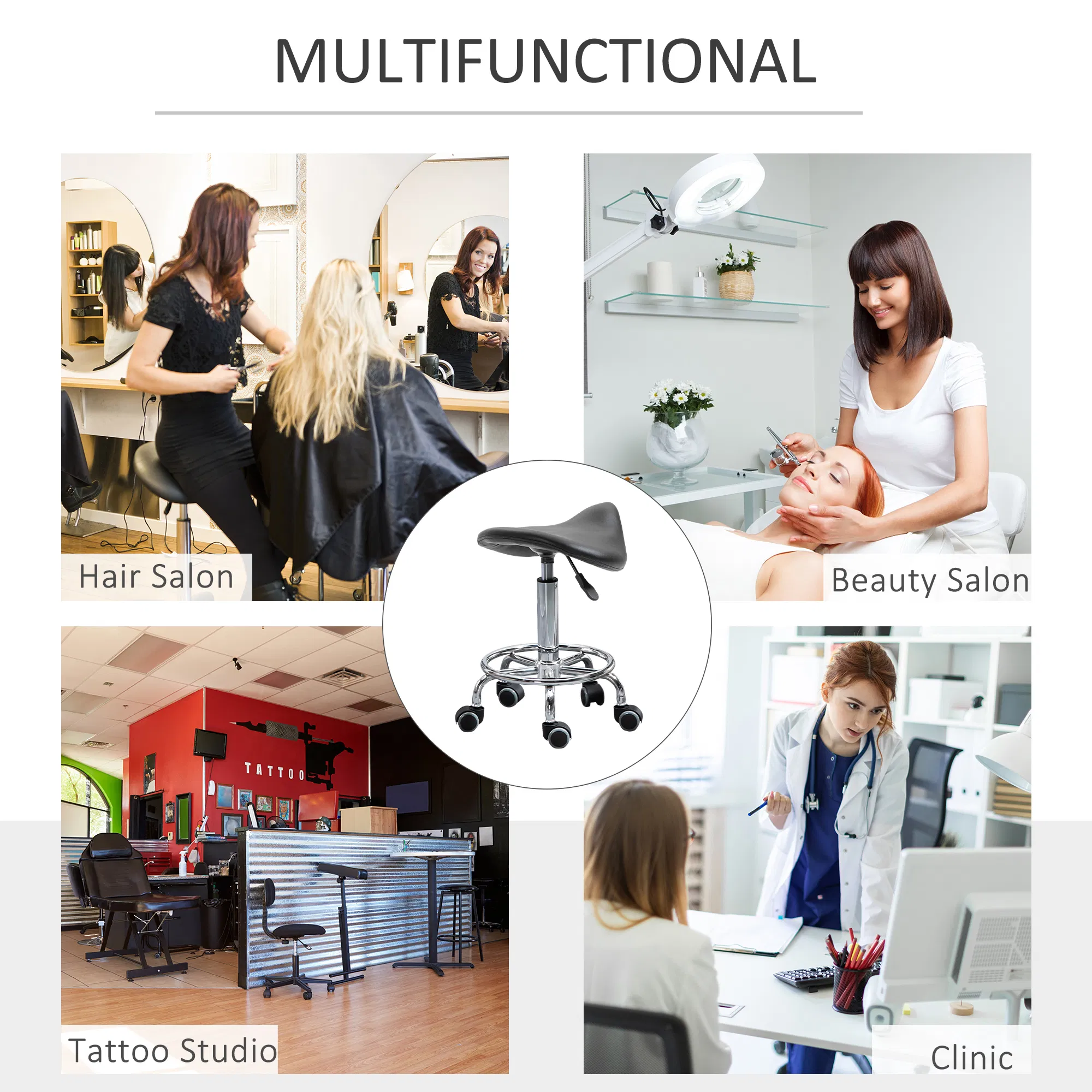 Saddle Stool PU Leather Adjustable Rolling Salon Chair Black for Massage Spa Clinic Beauty Tattoo photo 4