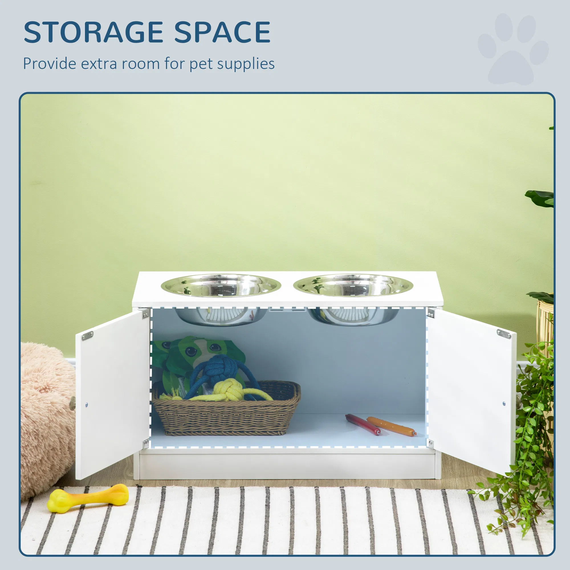 Elevated Dog Bowls for Large Dogs Pet Feeding Station with Stand, Storage, 2 Stainless Steel Food and Water Bowls, White, 23.6" x 11.8" x 14" photo 5