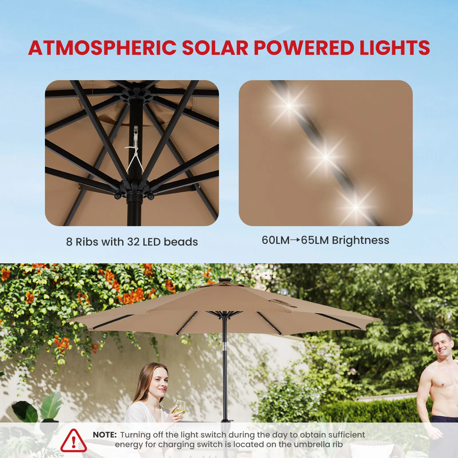 10ft Solar Polyester 32 LED Lighted Patio Umbrella with Tilt Adjustment and UV-Resistant Fabric photo 5