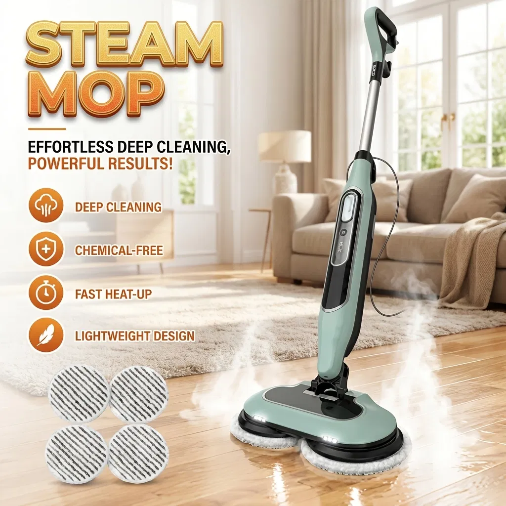 Dual Head Hard Floor Steam Mop, 3 Adjustable Steam Modes, LED Headlights, Lightweight for Home Tile Cleaning photo 6
