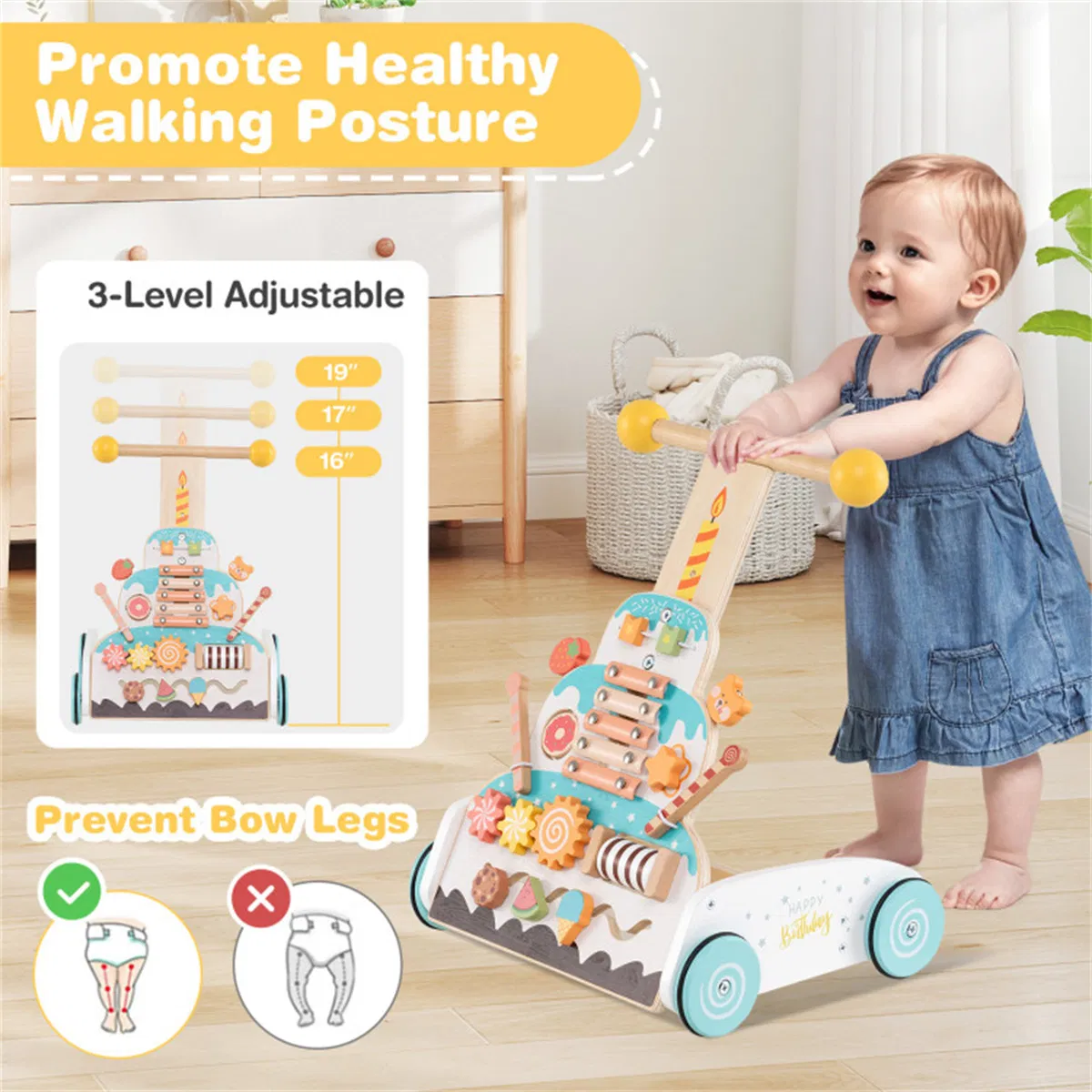 Wooden Baby Walker with 3-Position Adjustable Heights and Smooth Wheels photo 5