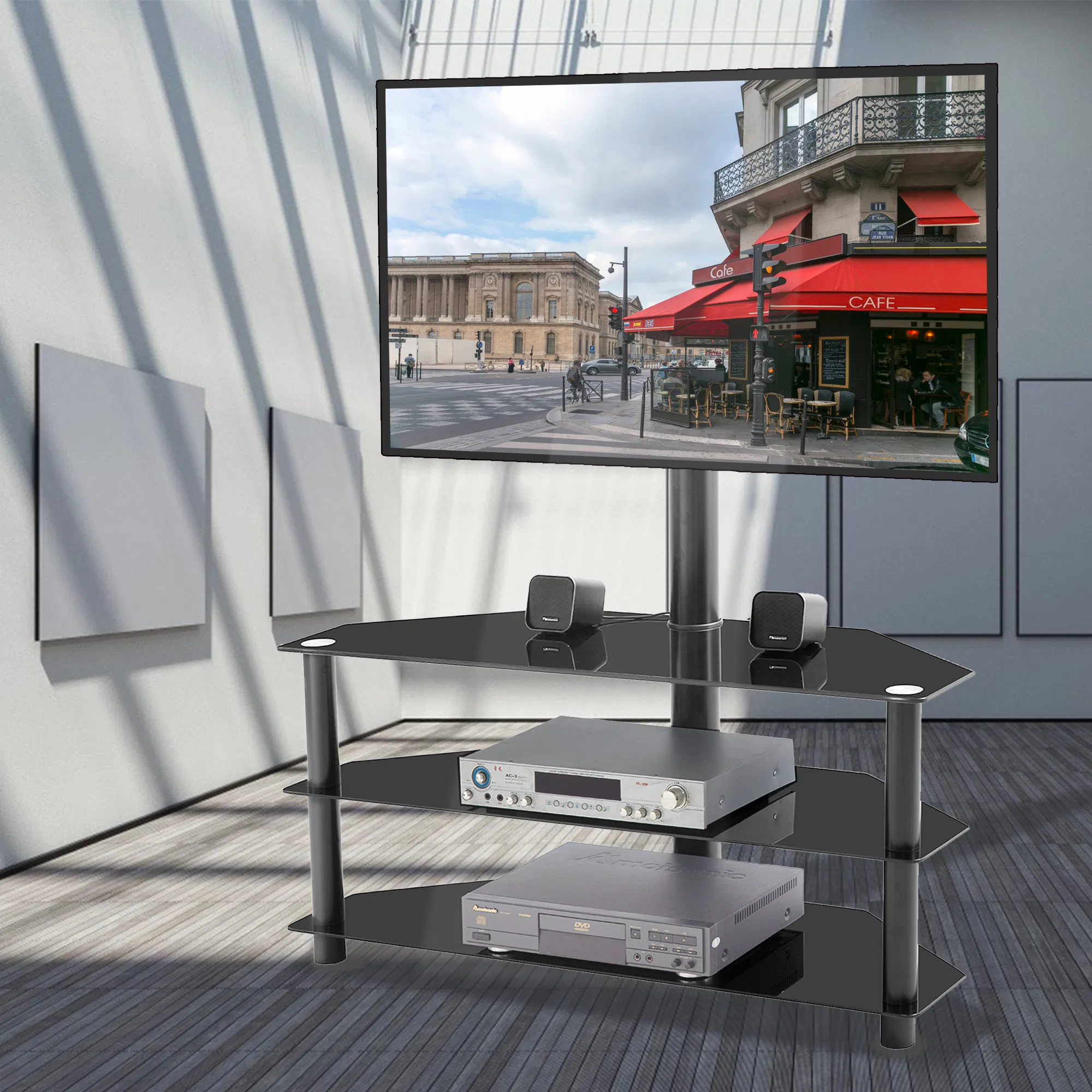 Black Multi-function TV Stand Height Adjustable Bracket Swivel 3-Tier photo 5
