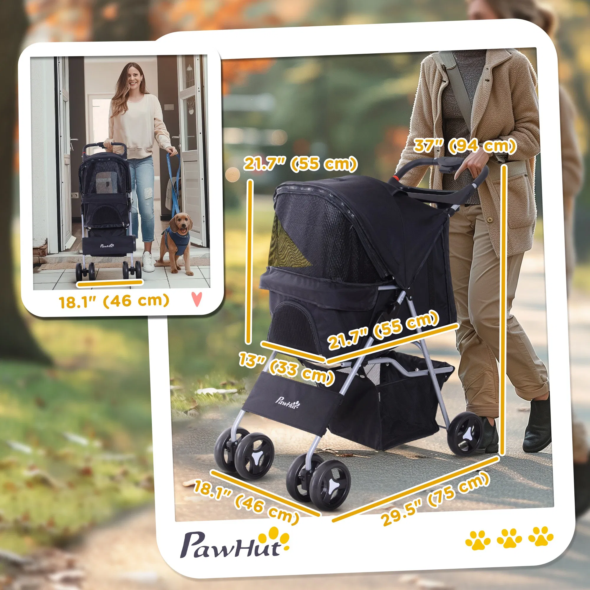 Dog Stroller, One-click Folding Pet Stroller with Cup Holder, 4 Wheels Travel Carrier w/ Brakes, 360° Swiveling Front Wheels, Storage Basket, for XS/Small Dogs Cats, Black photo 4