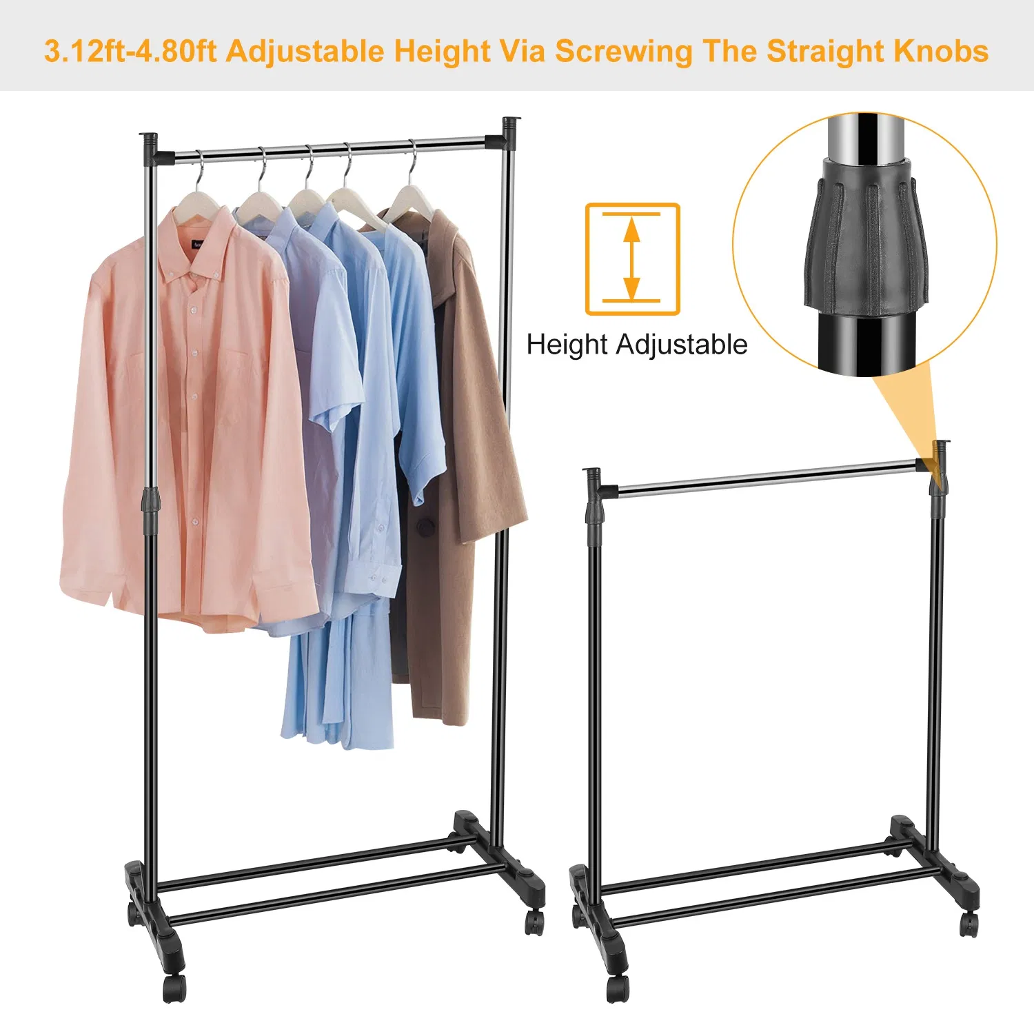 15kg/33lbs Garment Racks 3.12ft-4.80ft Height Adjustable Clothes Stand Foldable Clothes Hanger w/ Wheels Storage Shelf For Dormitory Home photo 2