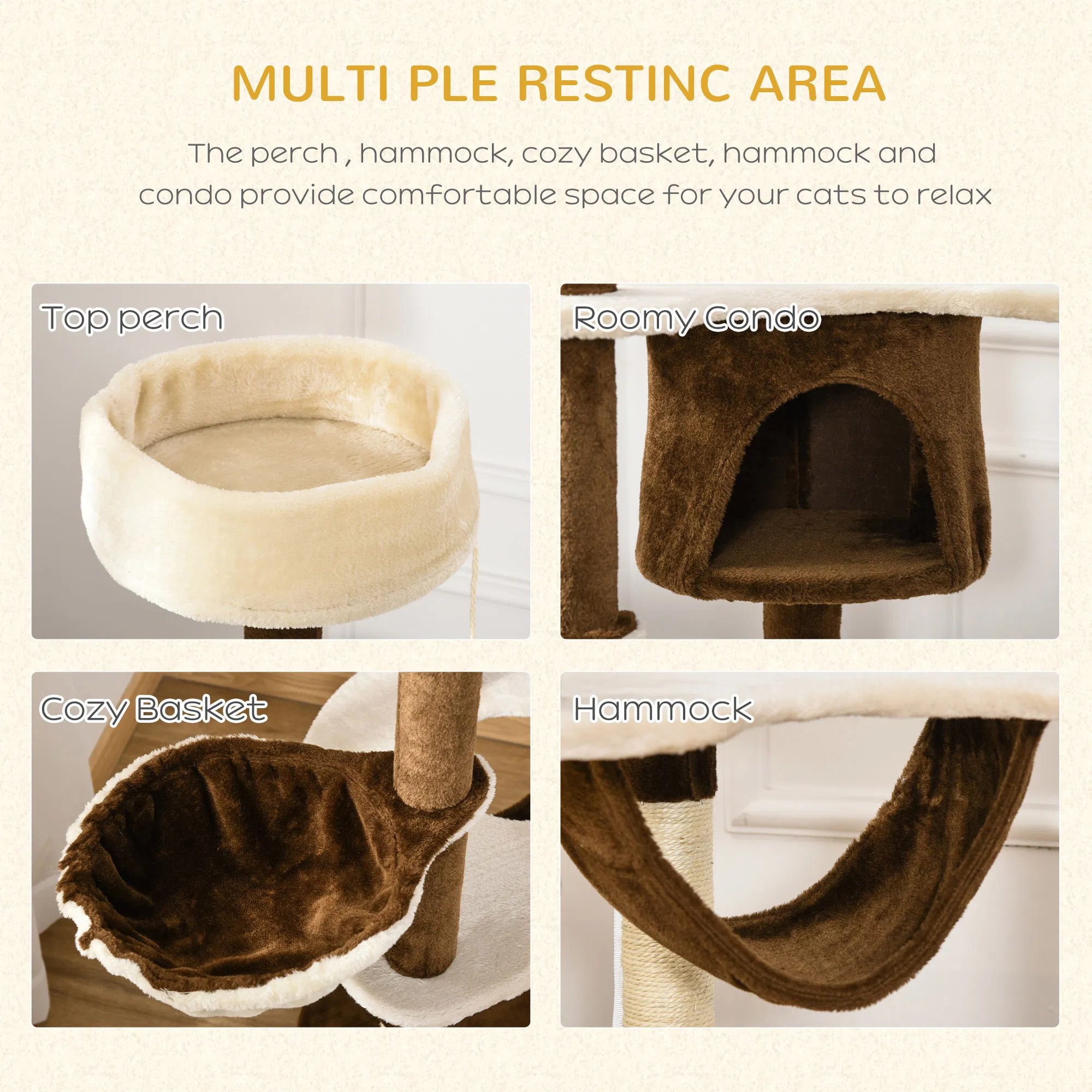 60" Cat Scratching Tree, Cat Bed Condo Post House Pet Furniture Toys-Brown & Beige photo 3