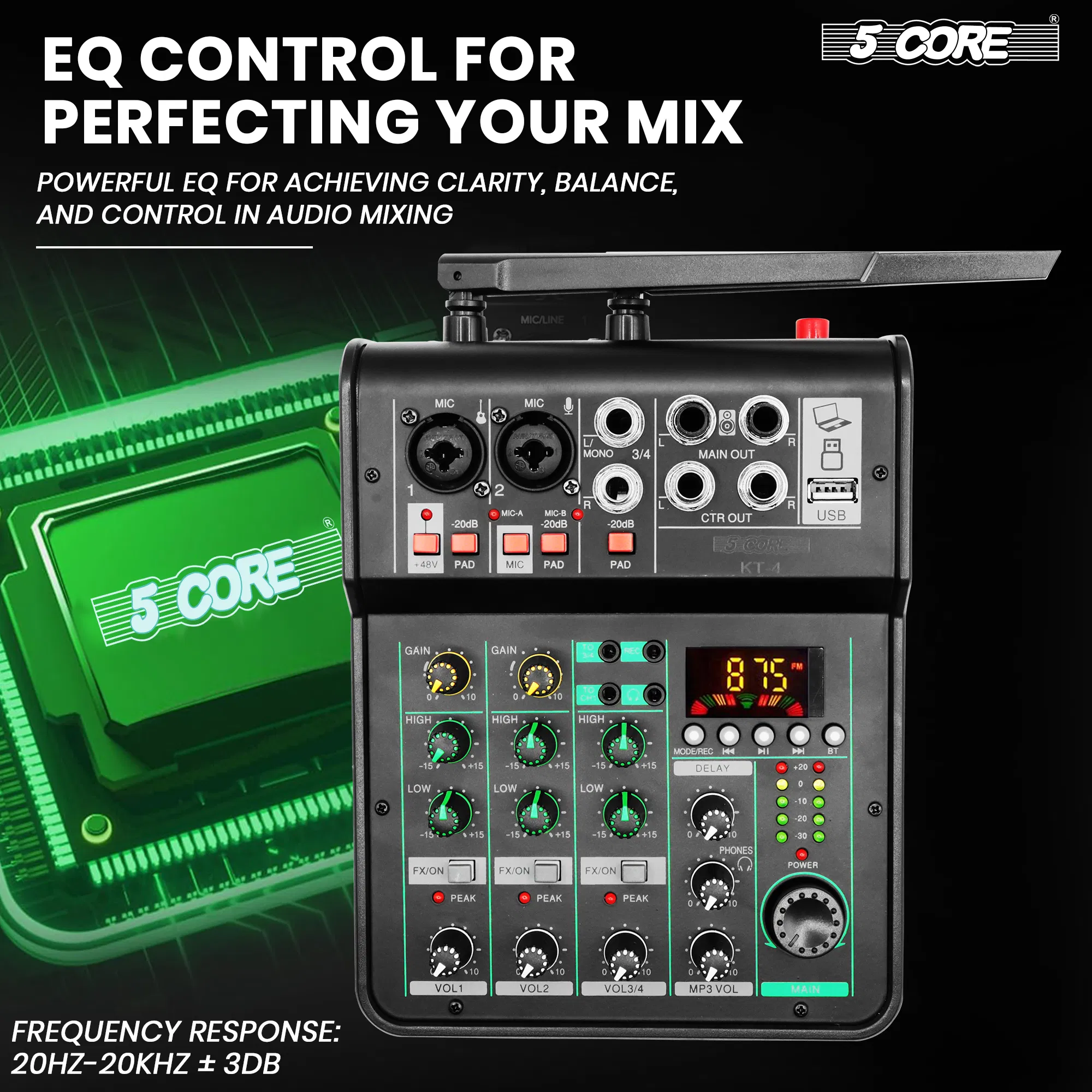 5 Core Audio Mixer Sound Board 4 Channel XLR Stereo Receiver w Bluetooth USB Microphone PA Karaoke Music Podcast Mixing Soundboard Mini Mezcladora Para DJ - MX 4CH 2MIC GLD photo 7