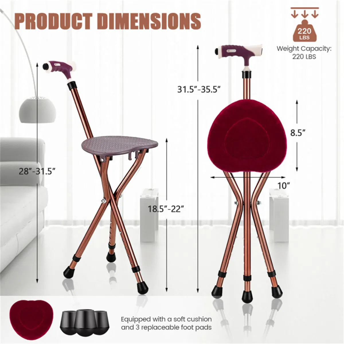 Folding Seat Cane (220lbs): 5-Level Height Adjust, LED Light, Anti-Slip Pads, Aluminum Alloy, Bonus Cushion/3 Foot Pads for Elder-Brown photo 8