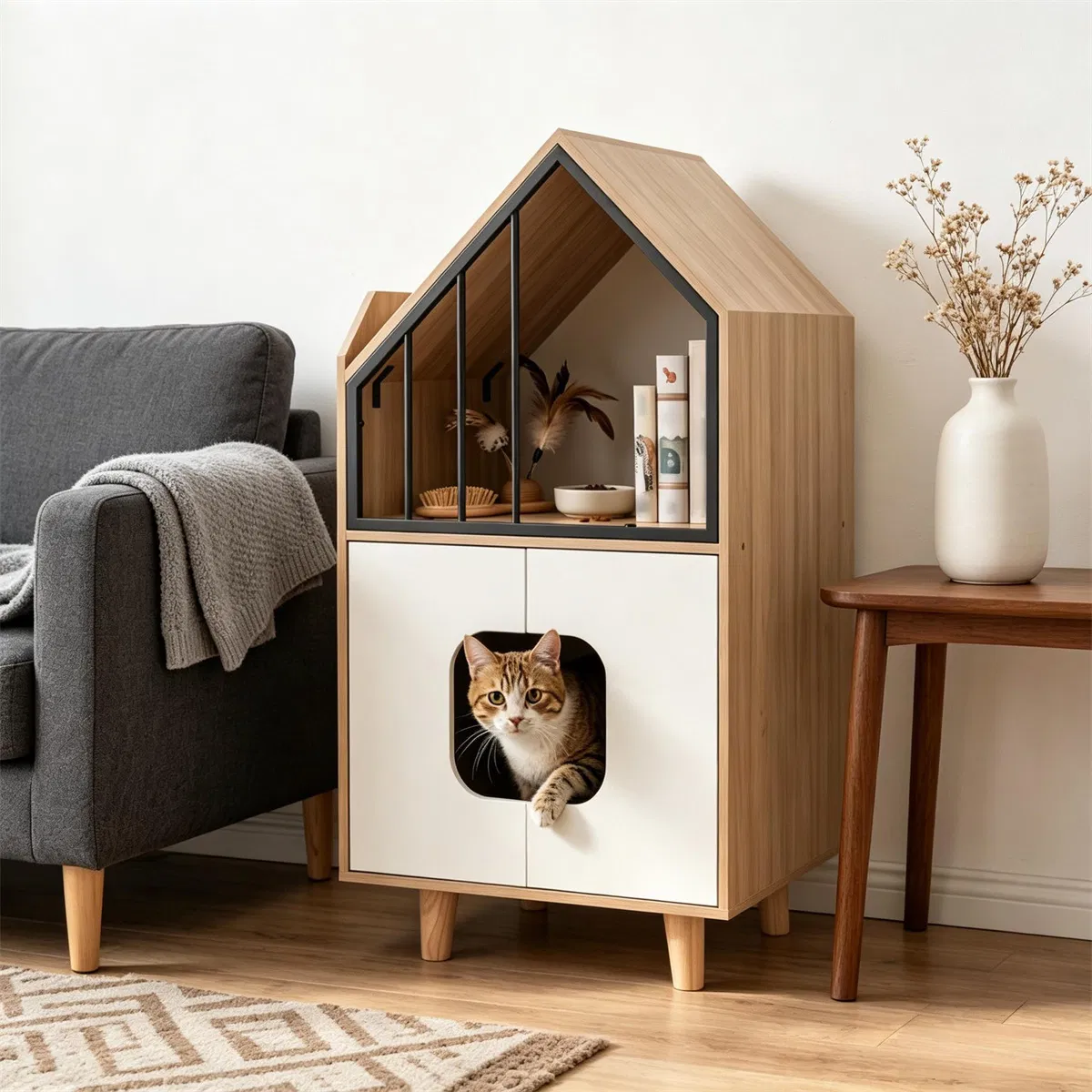 Natural & White Hidden Cat Litter Box Furniture, Elevated Cat Lounge Top Enclosed Cat Washroom Cabinet with Raised Legs for Living Room Bedroom Apartment photo 6