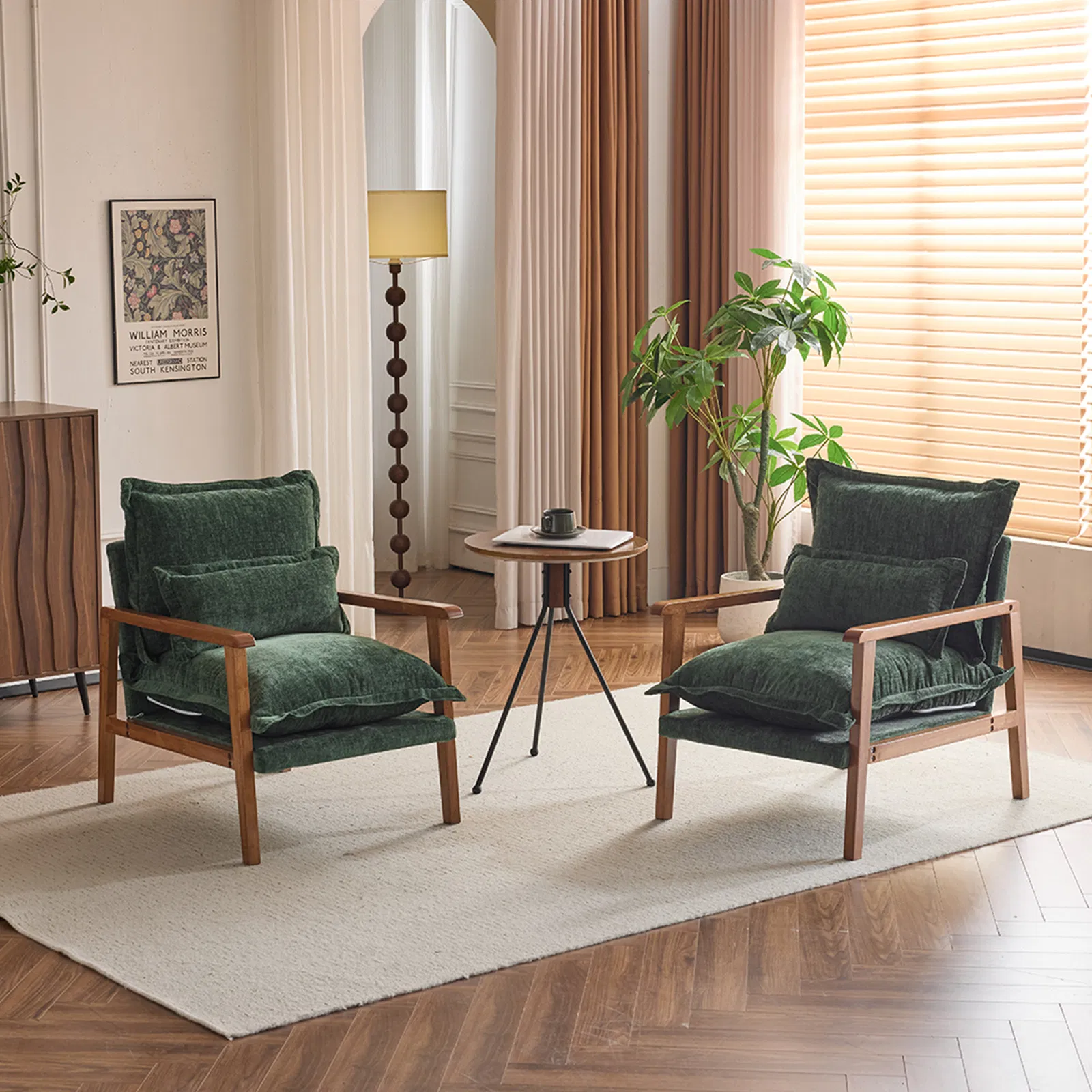 Cloud Shaped Indoor Leisure Chair with Solid Wood Armrest & Solid Wood Frame, Chenille Fabric Accent Chair with Lumbar Pillow, Single Sofa Chair Dark Green photo 4