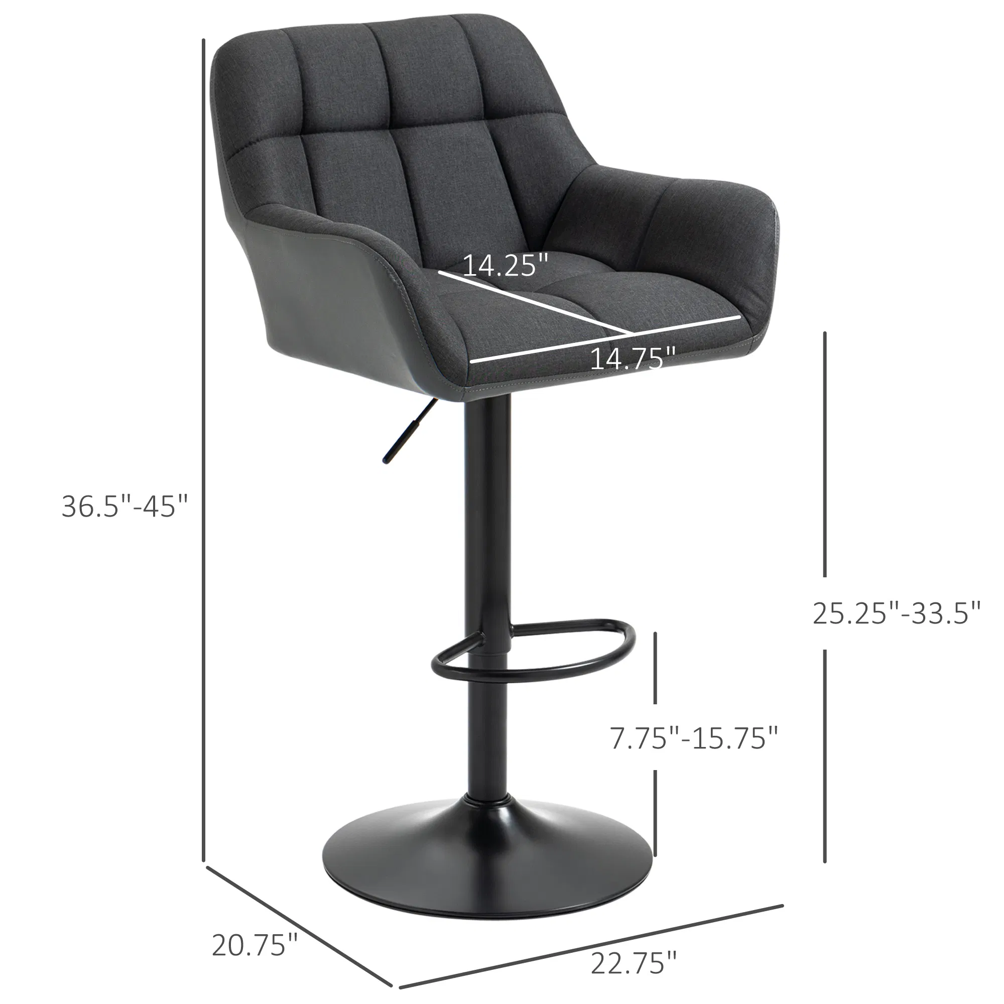 Swivel Barstools Set of 2 Adjustable Bar Stools with Footrest Armrests and PU Leather Back for Dining Room Black, Grey photo 3