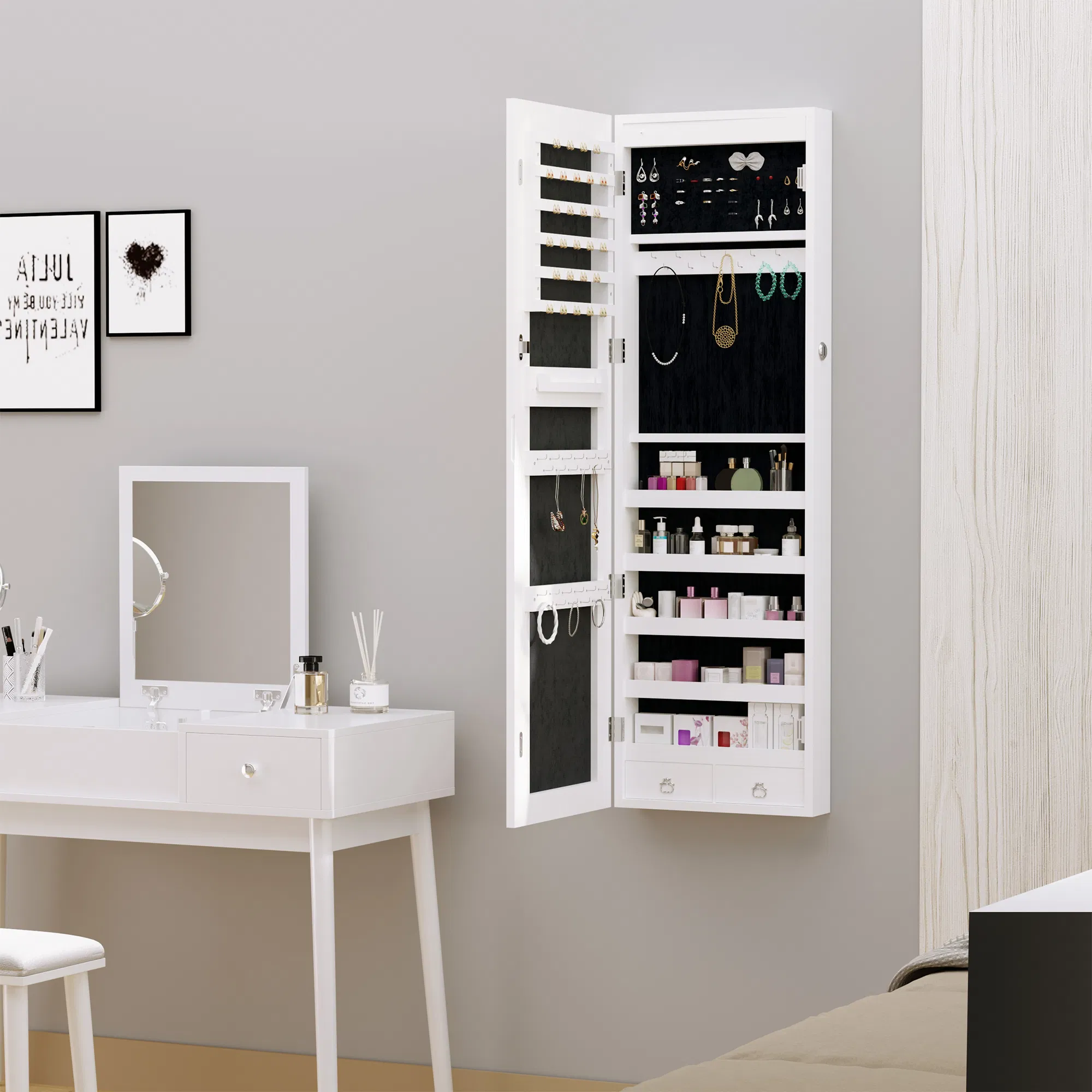 LED Lighted Mirror Jewelry Cabinet Wall Door Mounted Storage Organizer Armoire Wood Grain Gray photo 4