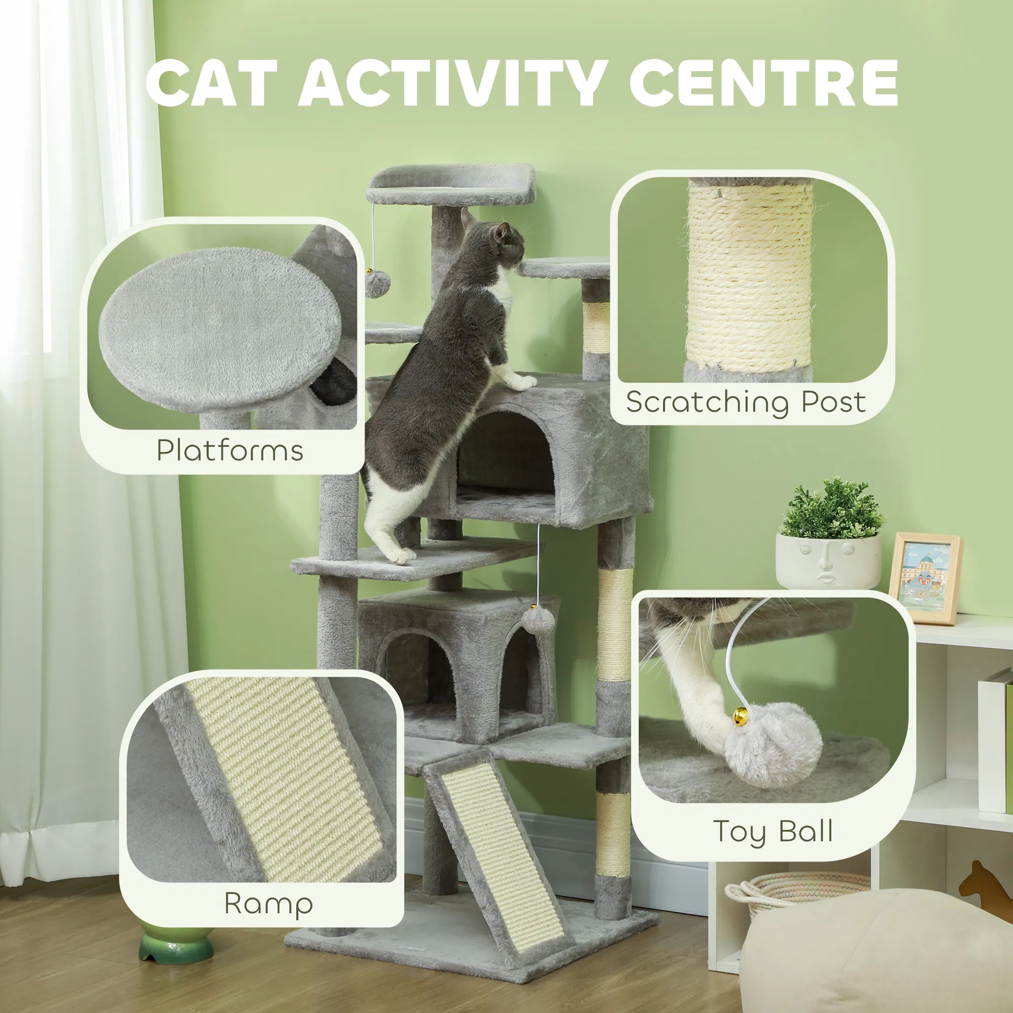54" Cat Tree, Multi-Level Cat Tower with Scratching Posts, Cat Condos, Bed, Platforms, Ramp, Toy Ball, Light Grey photo 4