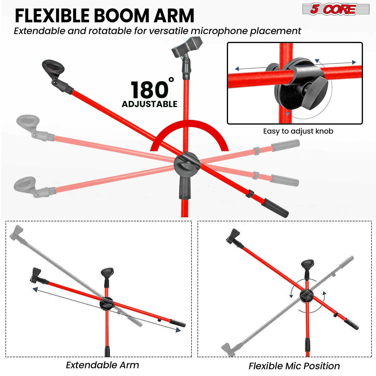 5 Core 2Pcs Mic Stand Floor Height Adjustable Tripod Microphone Stands w Extending Telescoping Boom Arm photo 6