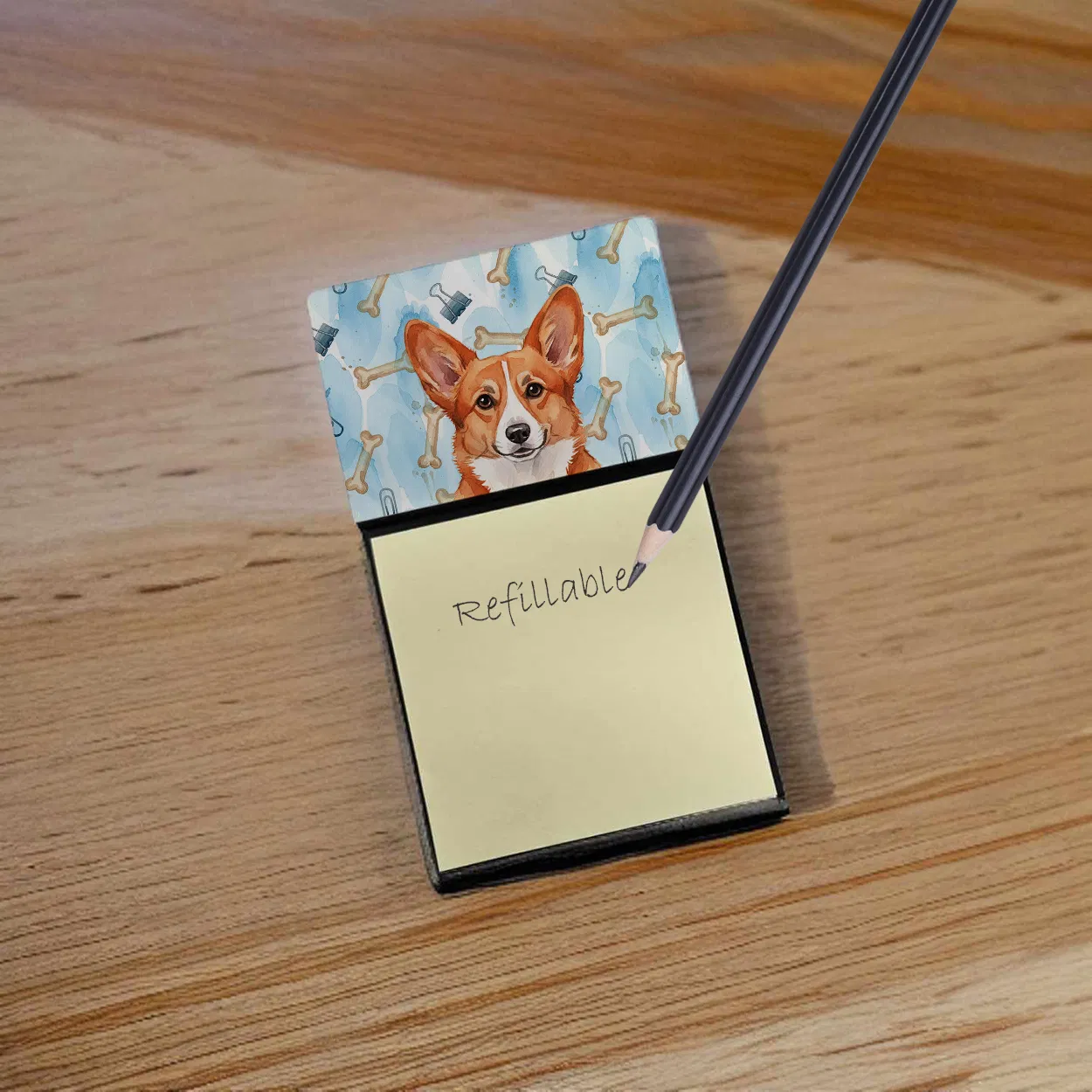 Red Cardigan Welsh Corgi Coworker Watercolor Sticky Note Holder Refillable Dispenser Desk Accessory 3x3 Pad Gift photo 2