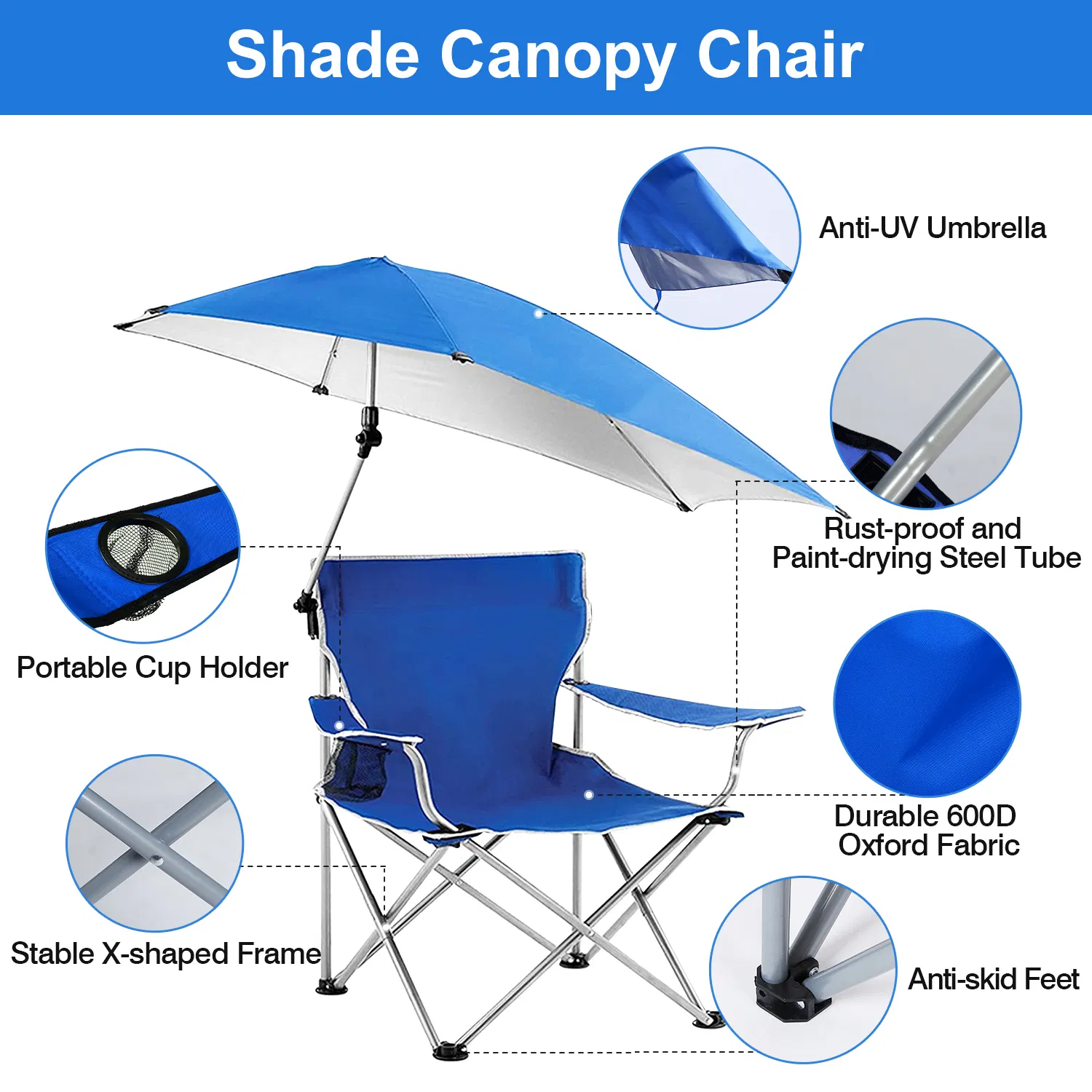Foldable Beach Chair with Detachable Umbrella Armrest Adjustable Canopy Stool with Cup Holder Carry Bag for Camping Poolside Travel Picnic Lawn Chair photo 2