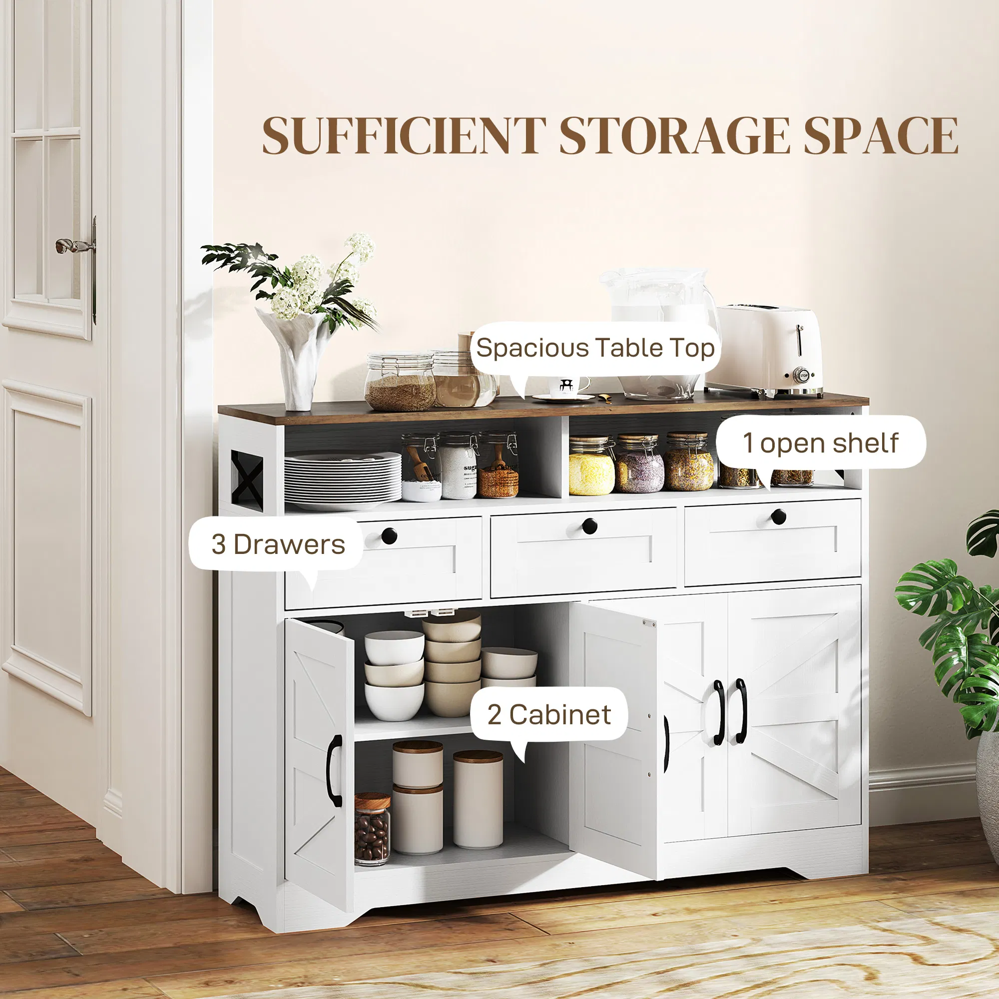 Sideboard, Buffet Cabinet with 4 Barn Doors and 3 Drawers, Coffee Bar Cabinet with Adjustable Shelves, White photo 4