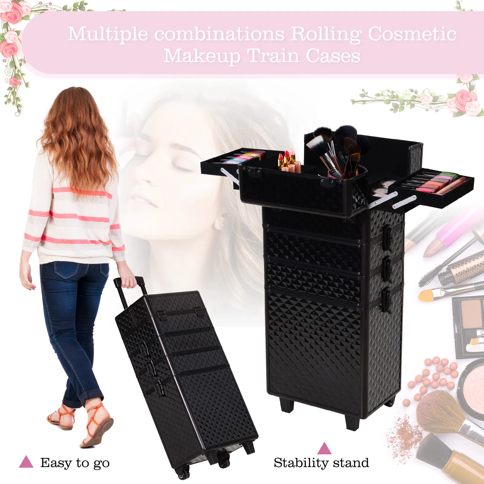 4 in 1 Makeup Train Case Portable Aluminum Rolling Cosmetic Organizer Trolley with Wheels Multiple Compartments Black photo 5