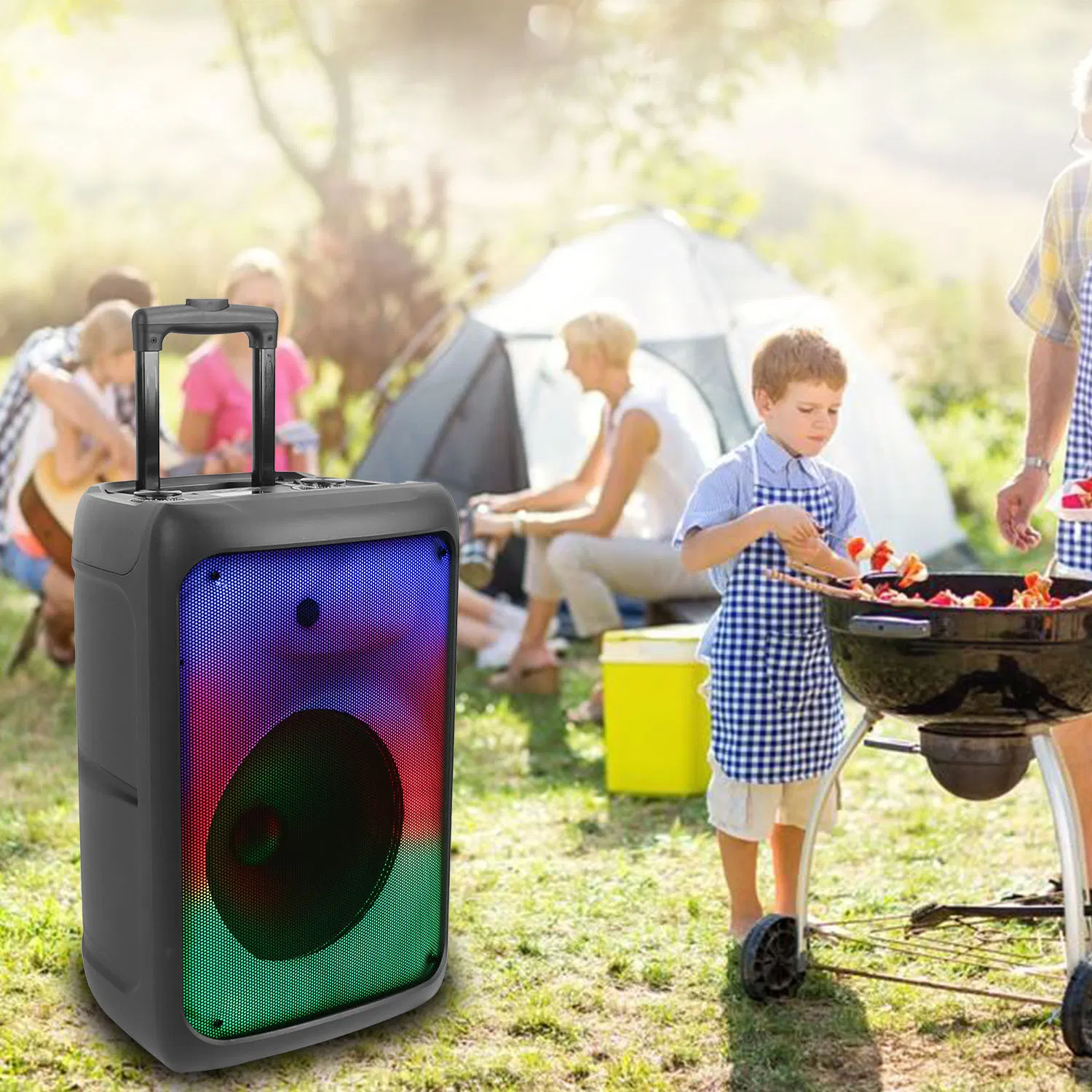 Portable Wireless Party Speaker Party Speaker with with 5 Colorful Lighting Modes TWS FM USB MMC Slot Aux In Recording Mic Priority Trolley Handle 2 Wheels Remote Control photo 3