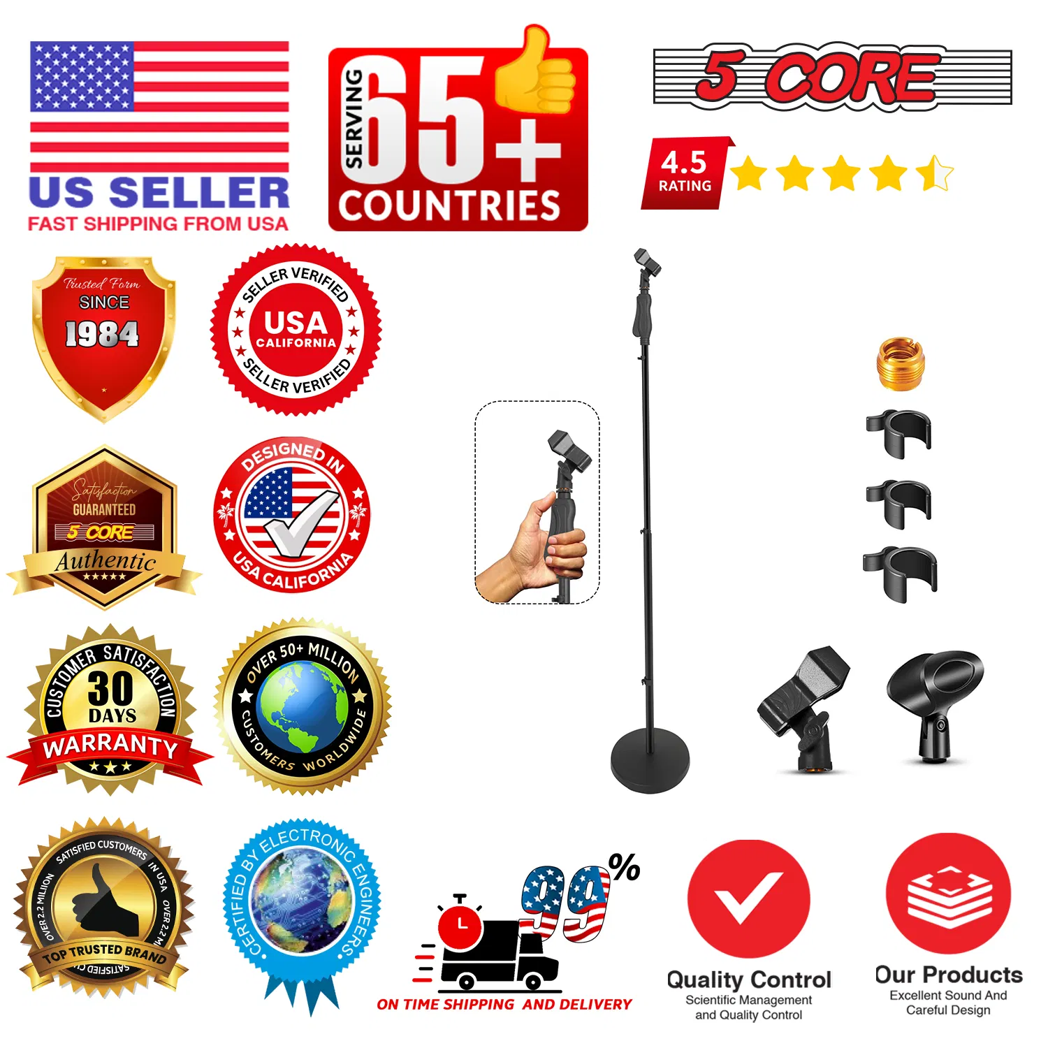 5 Core Microphone Stand Floor Height Adjustable Mic Holder Round Base photo 4
