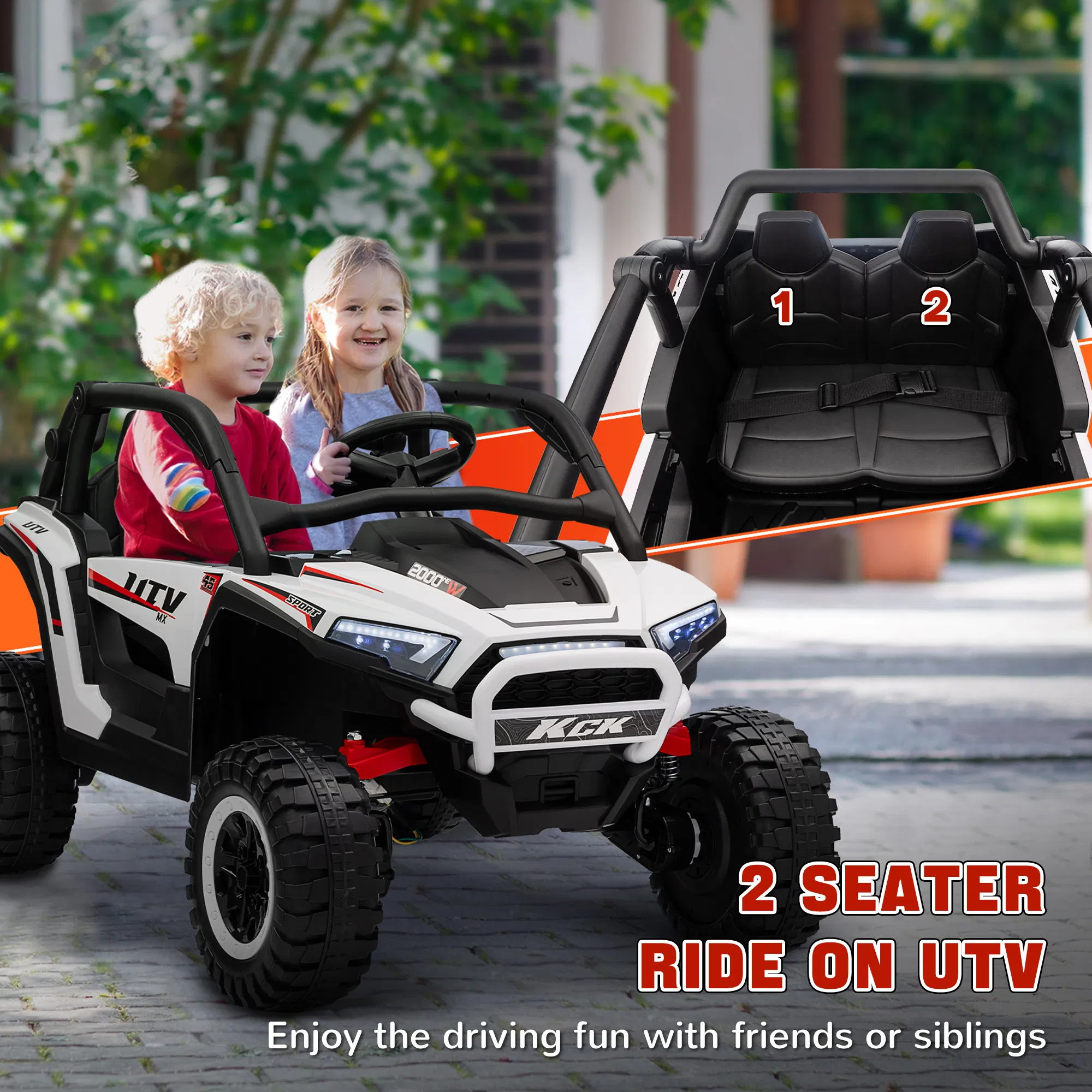 2 Seater 24V 7AH Ride on Truck, Electric Car for Kids w/ Spring Suspension, Remote Lights, Horn, Music, White photo 5