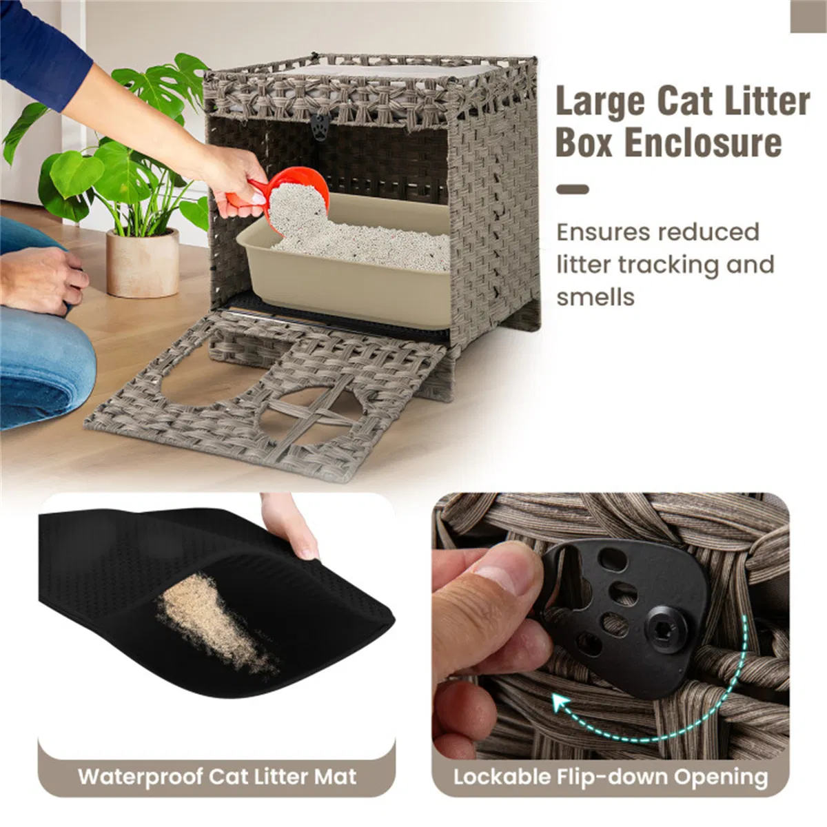 2-Tier Wicker Cat Condo with Litter Mat - Hidden Litter Box Enclosure, Detachable Washable Cushion, Gray Rattan photo 5